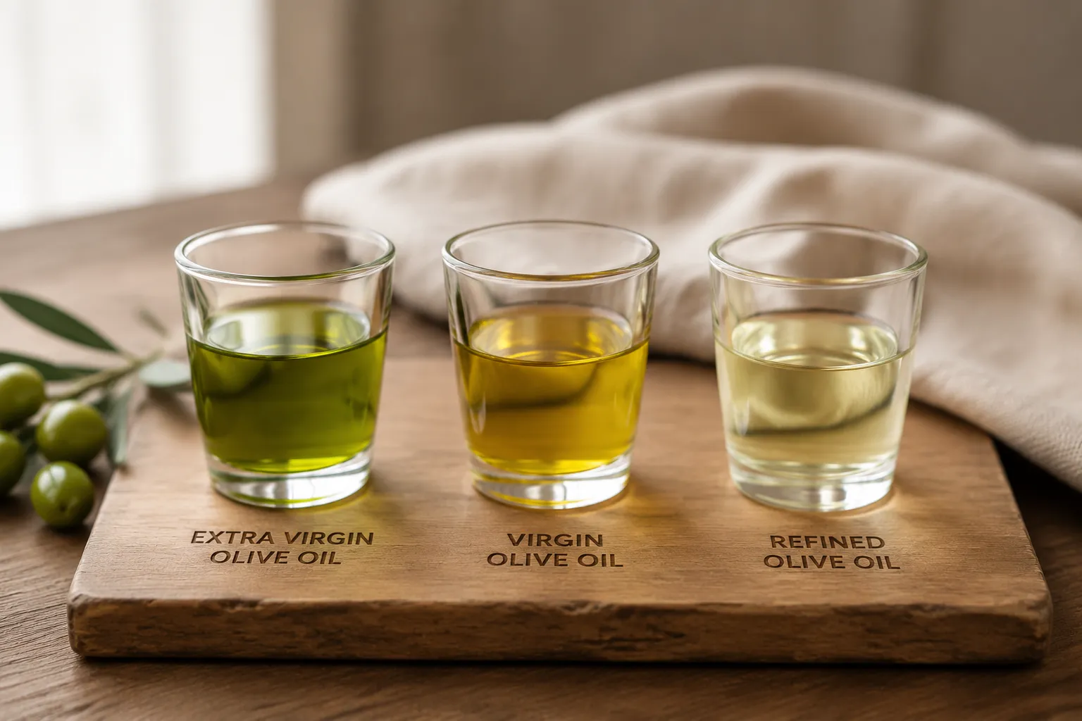 Comparison of extra virgin, virgin, and refined olive oil in tasting glasses