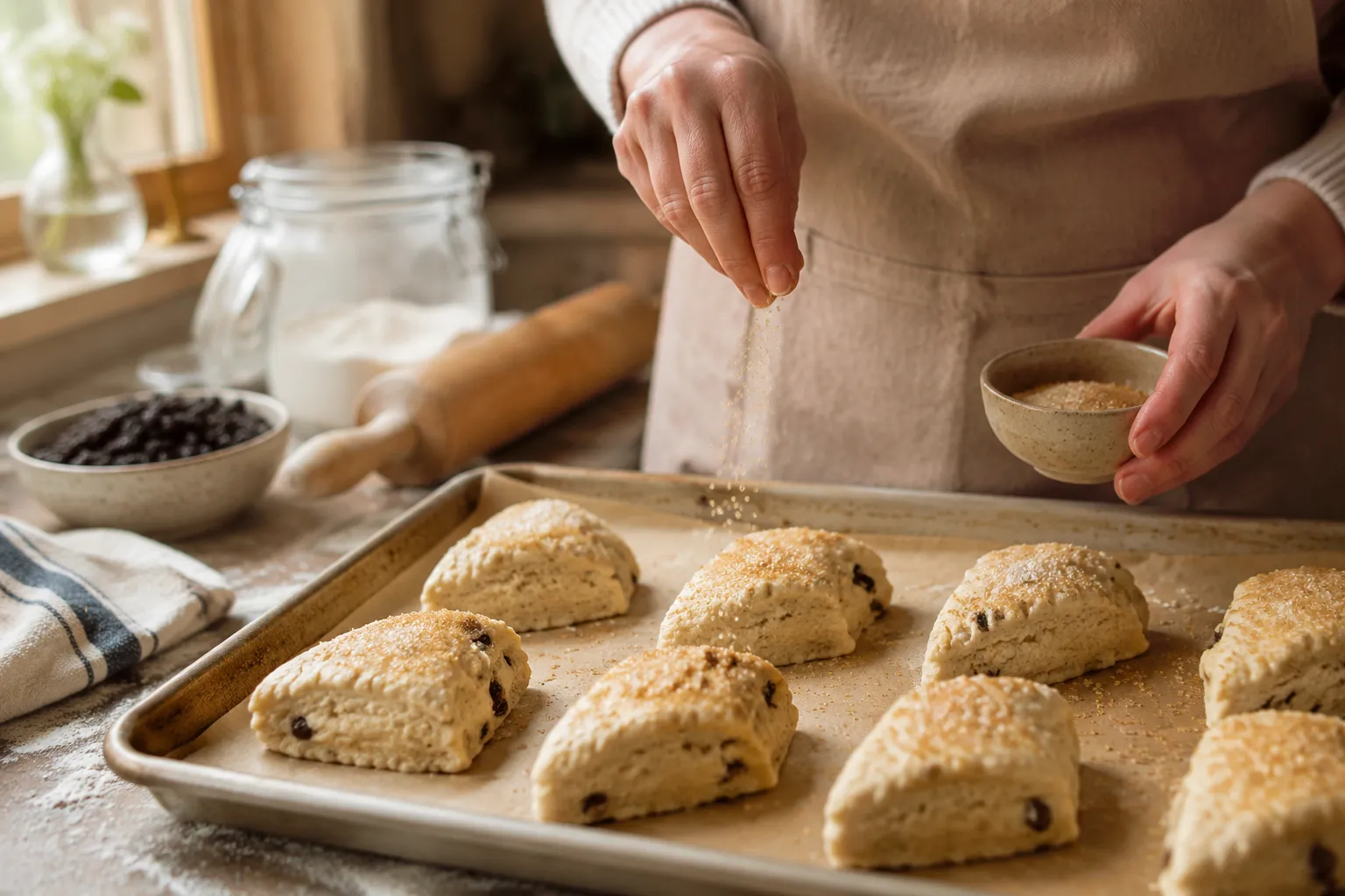 Sprinkling demerara sugar over unbaked scones for a crunchy topping