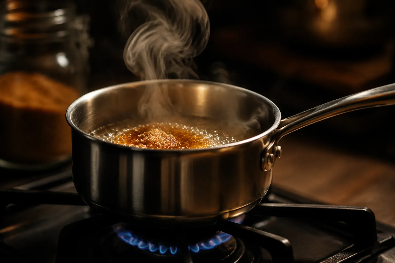 Demerara sugar dissolving in water to make simple syrup on the stovetop