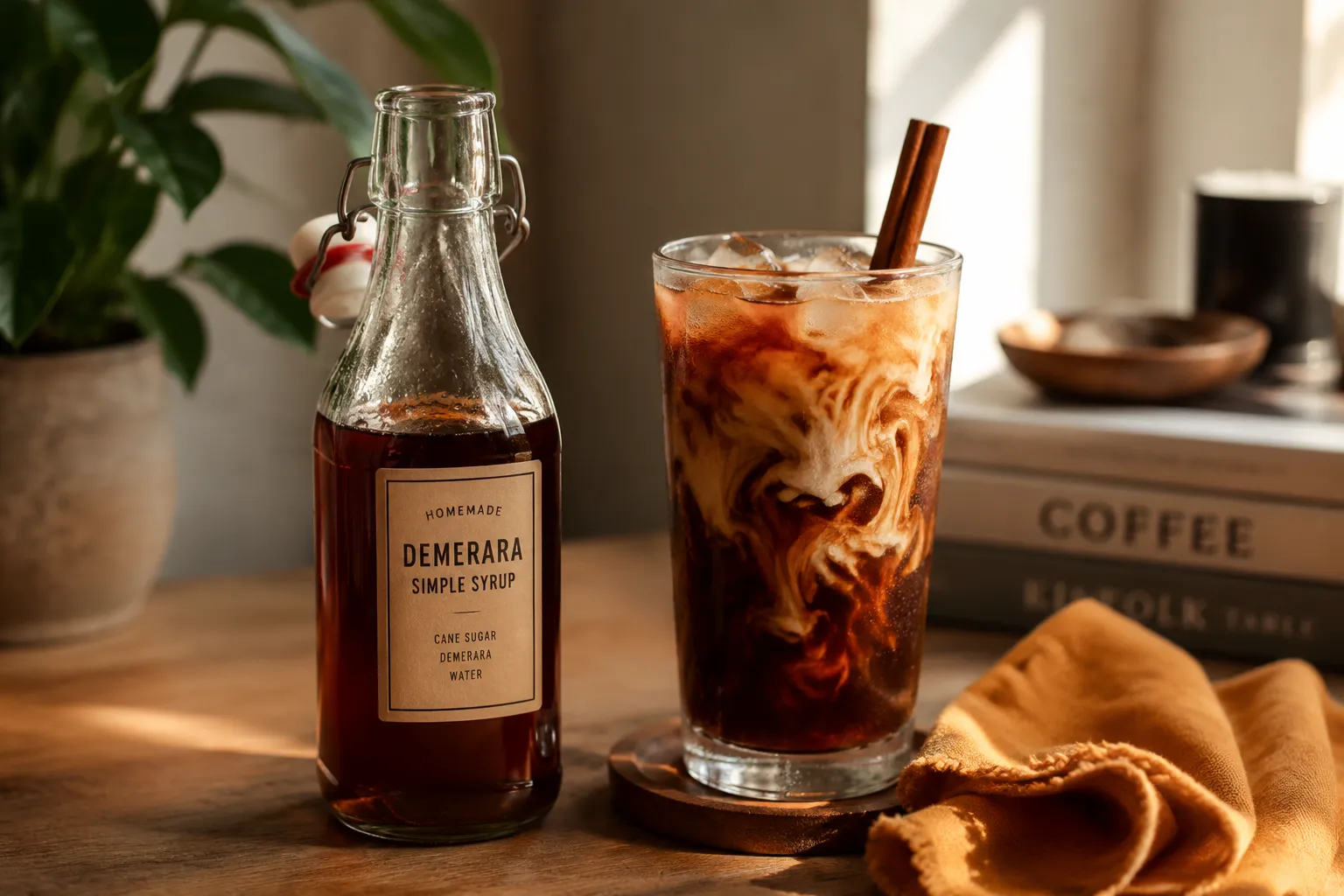 Homemade demerara simple syrup in a glass bottle next to iced coffee