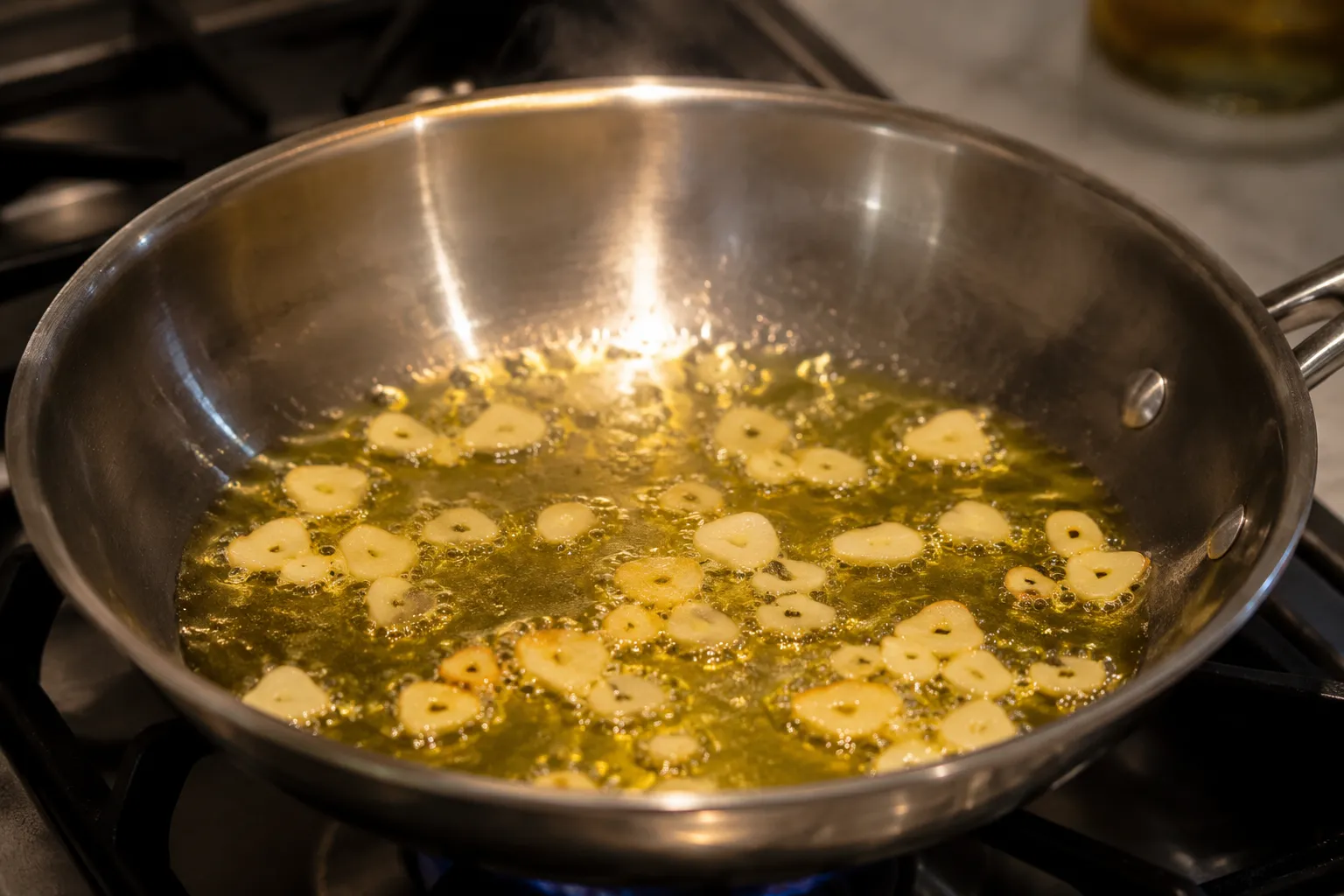 Olive oil heating in a skillet with sizzling garlic for sautéing