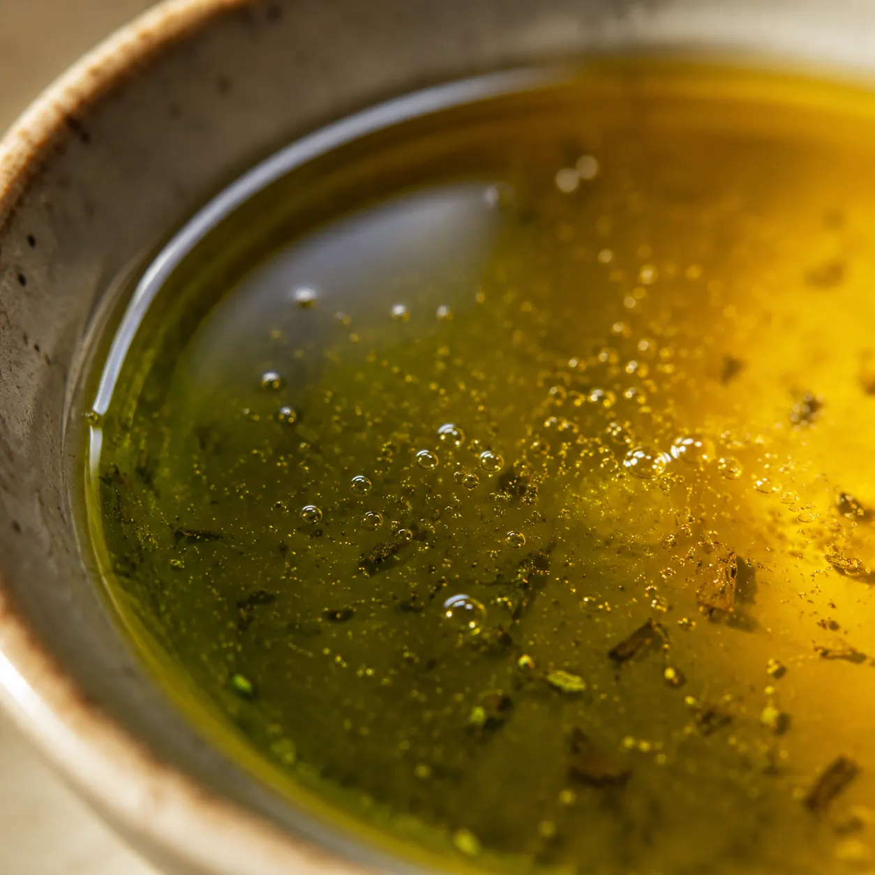 Macro close-up of olive oil texture and color in a ceramic bowl