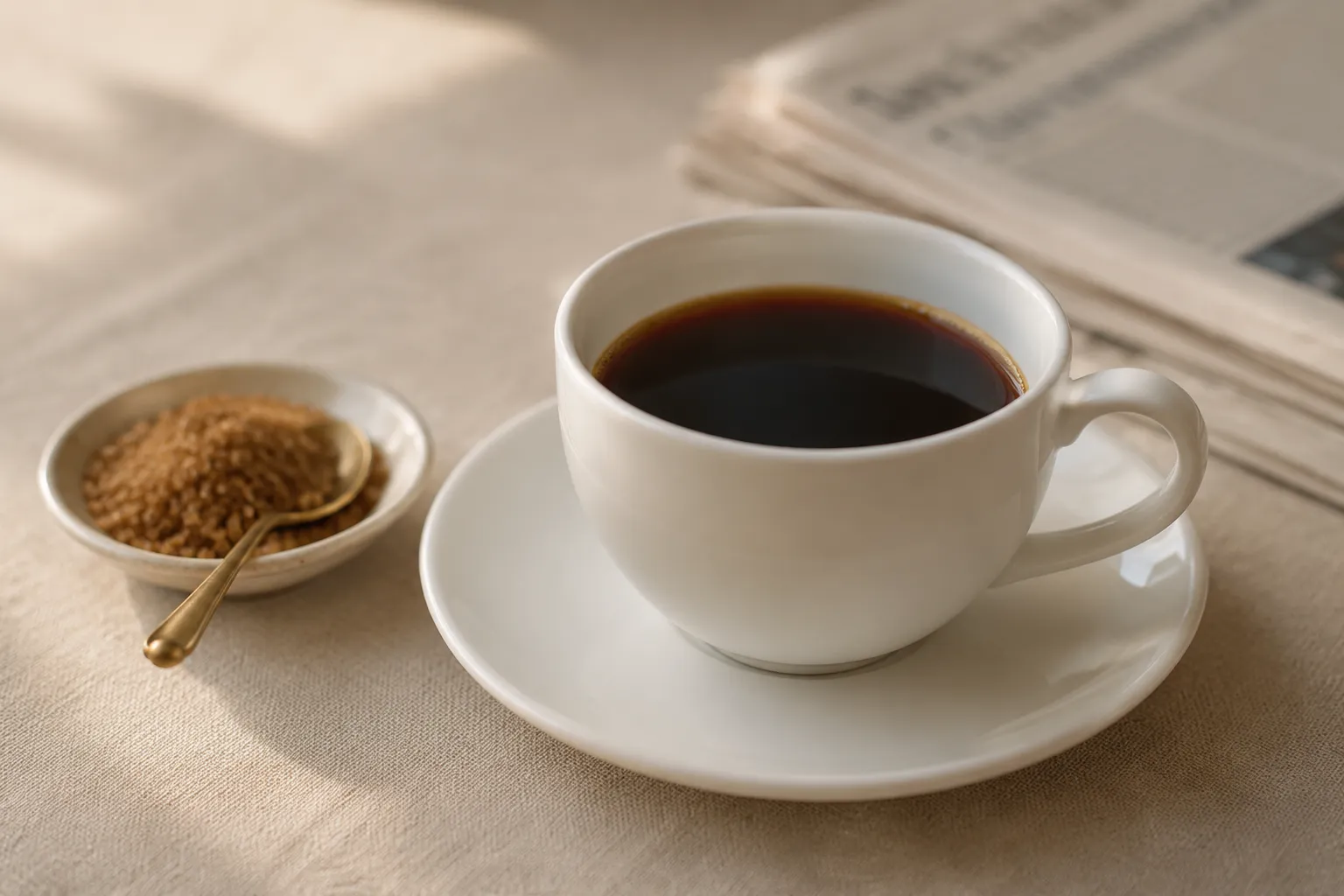 Bowl of demerara sugar served alongside a cup of black coffee