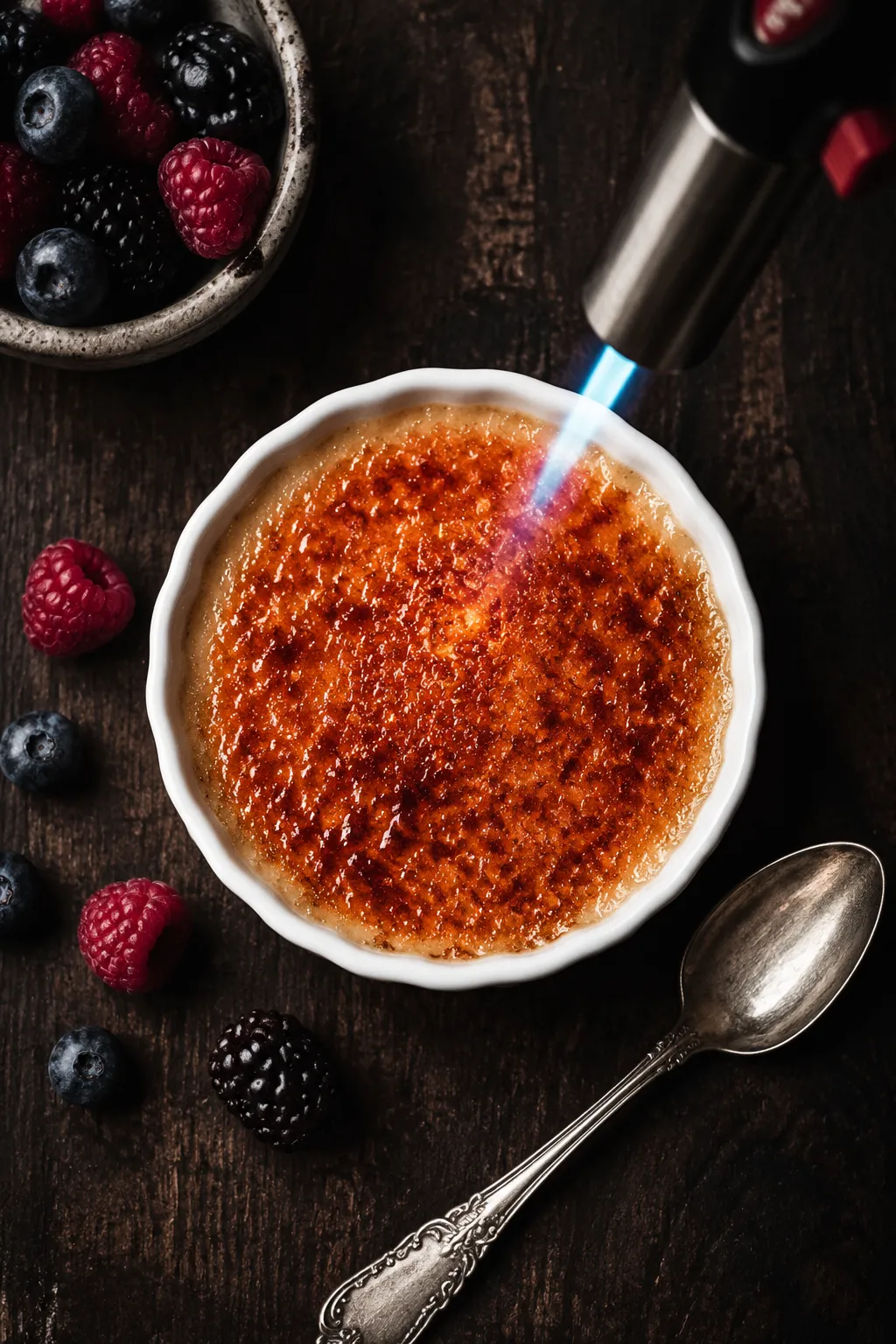 Demerara sugar caramelizing into a crackly crust on crème brûlée