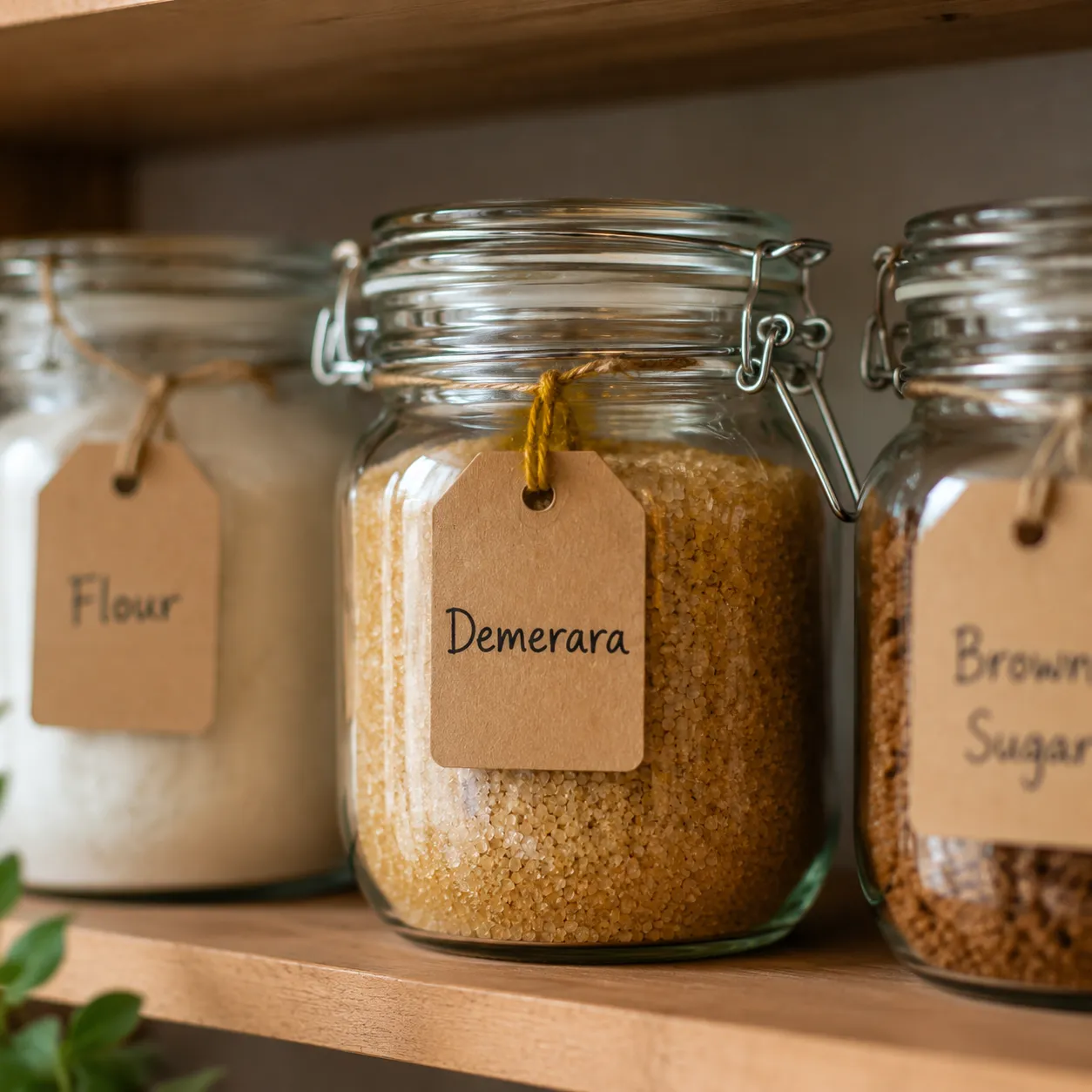 Demerara sugar stored in a labeled glass jar on a pantry shelf