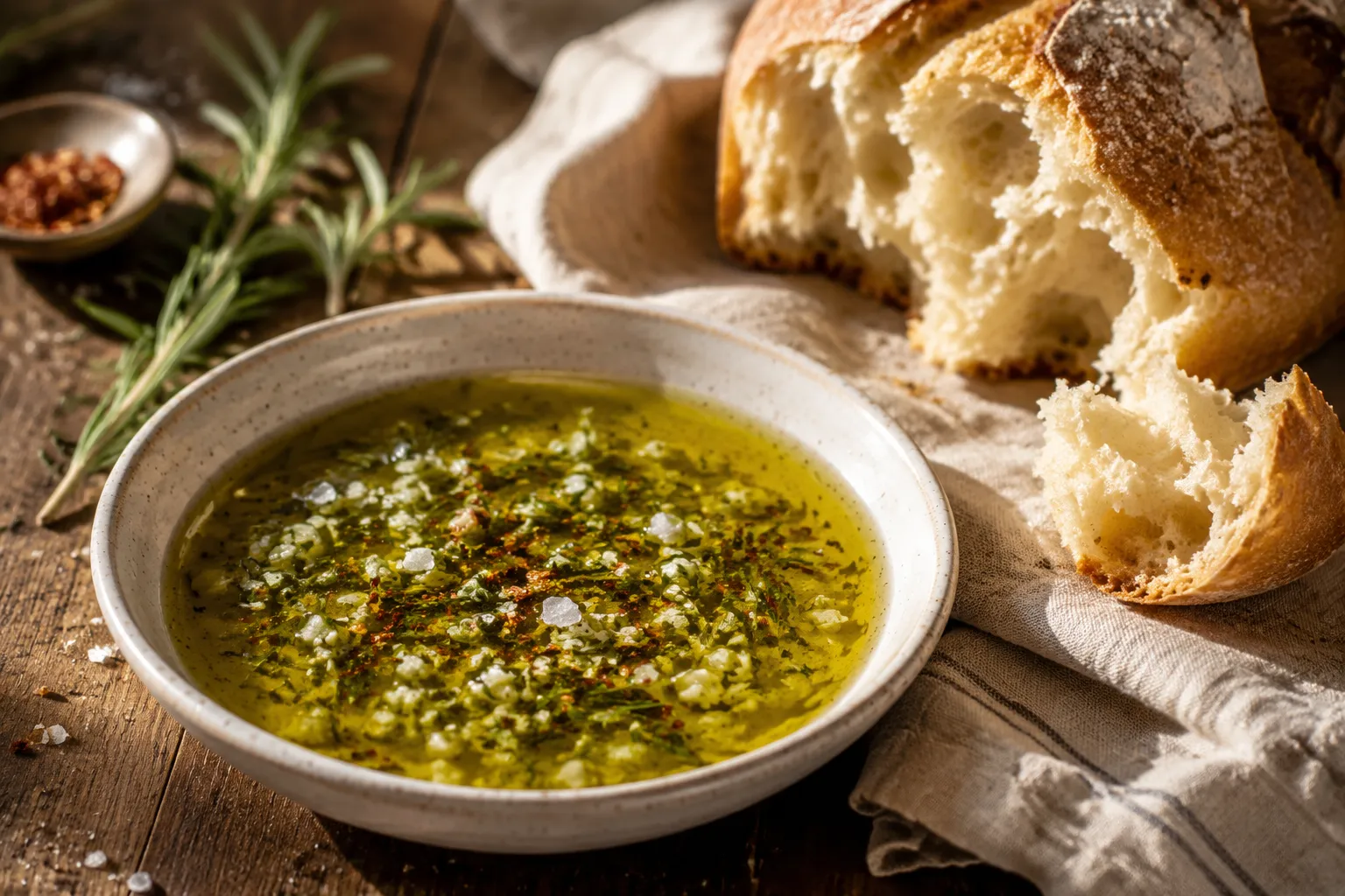 Garlic herb olive oil dipping sauce with rustic bread