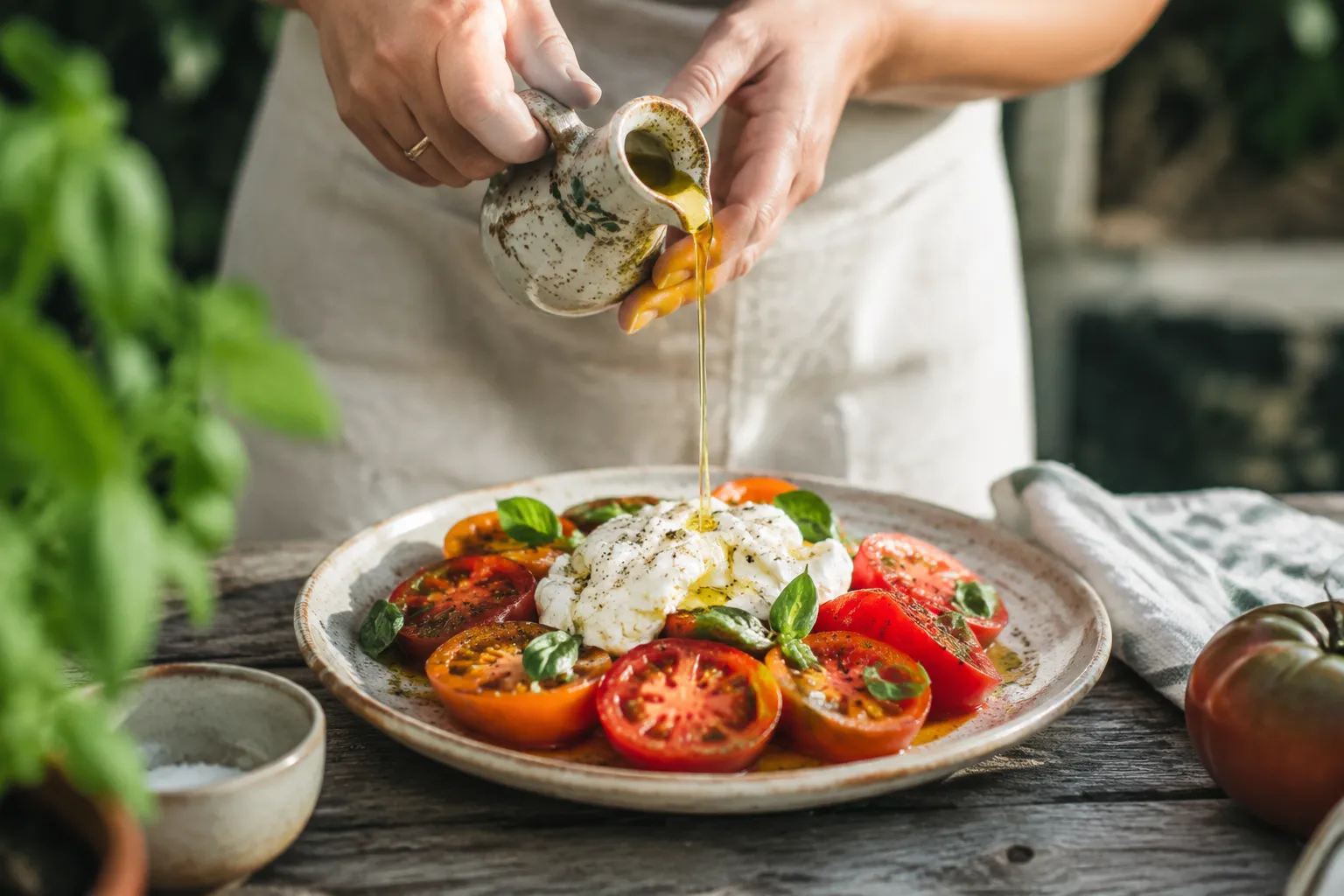 Drizzling olive oil over tomato and burrata salad