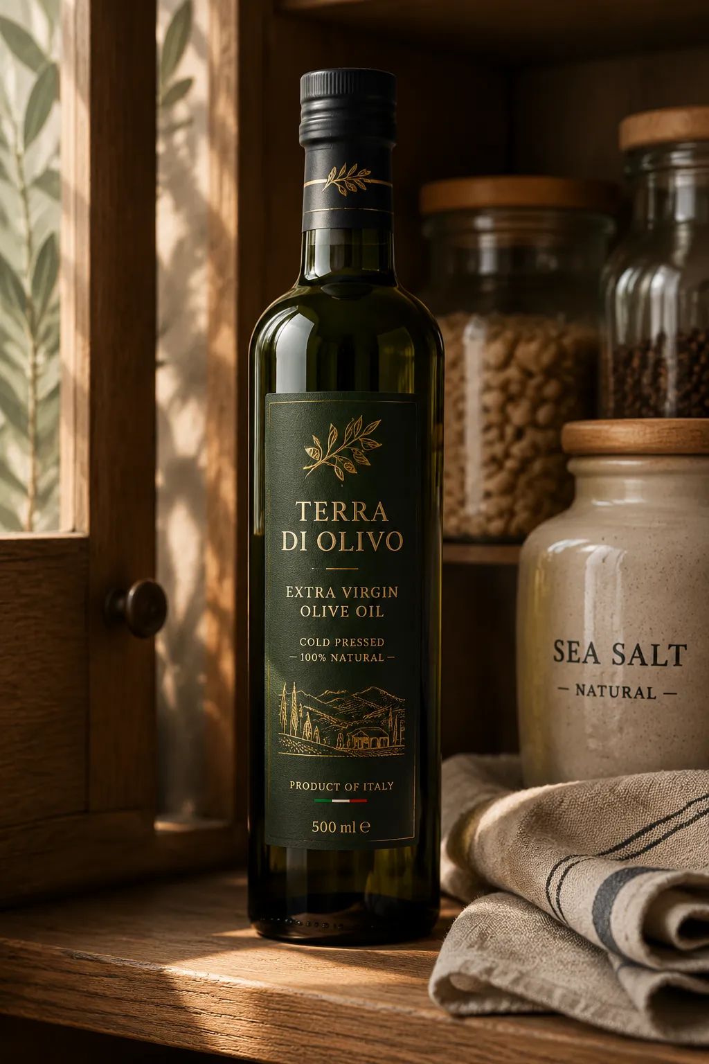 Dark glass olive oil bottle stored in a cool pantry shelf