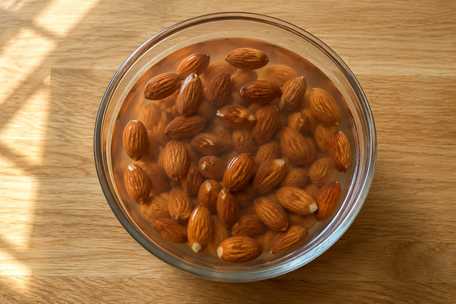 Raw almonds soaking in water overnight for homemade almond milk