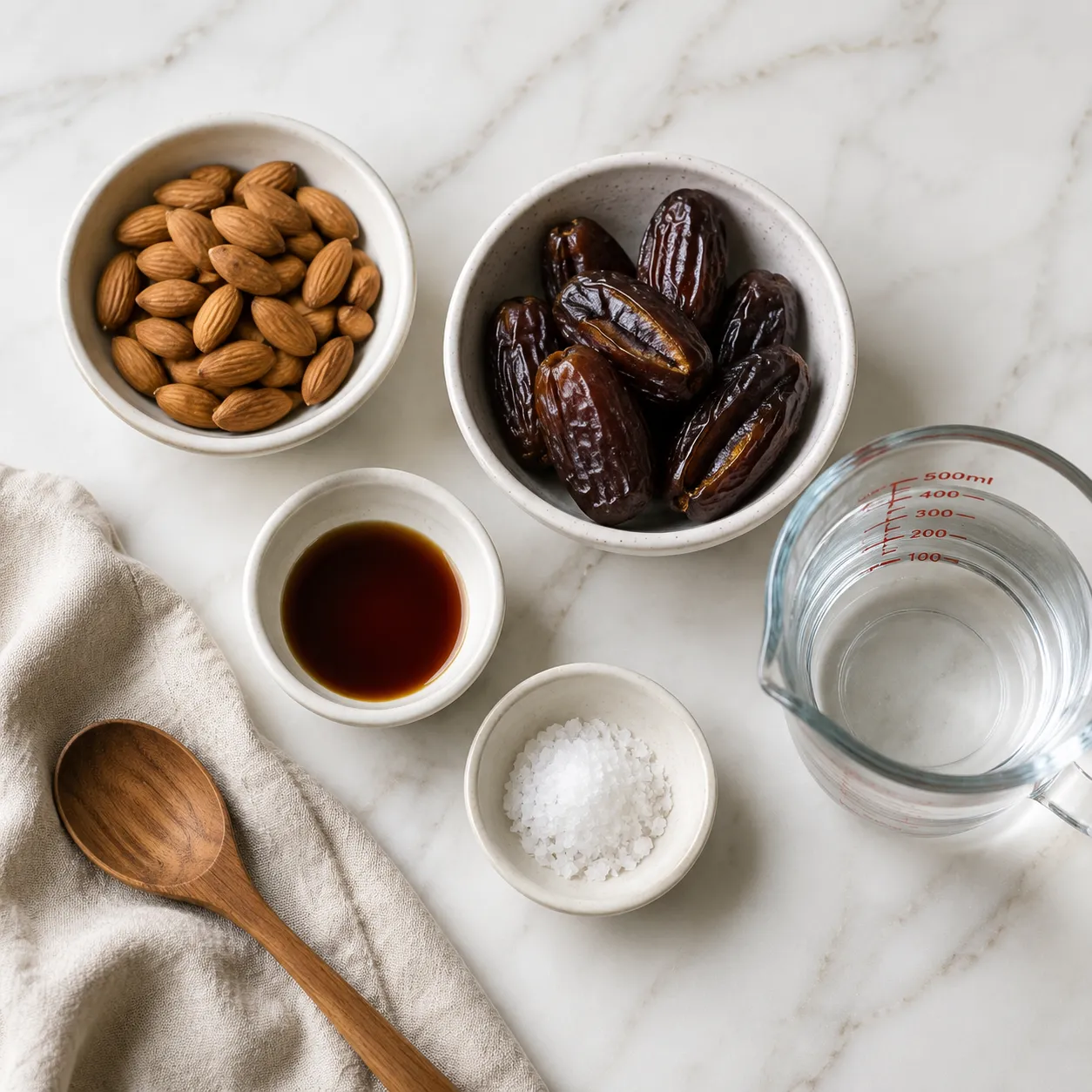 Homemade almond milk ingredients flatlay with raw almonds, dates, vanilla, and water