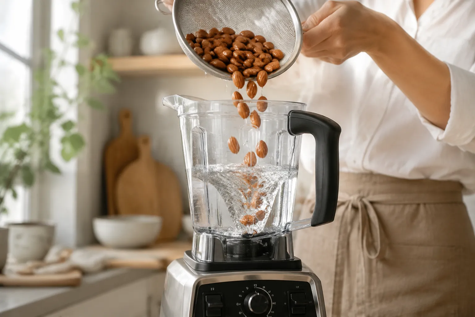 Adding soaked almonds and water to a blender to make almond milk at home