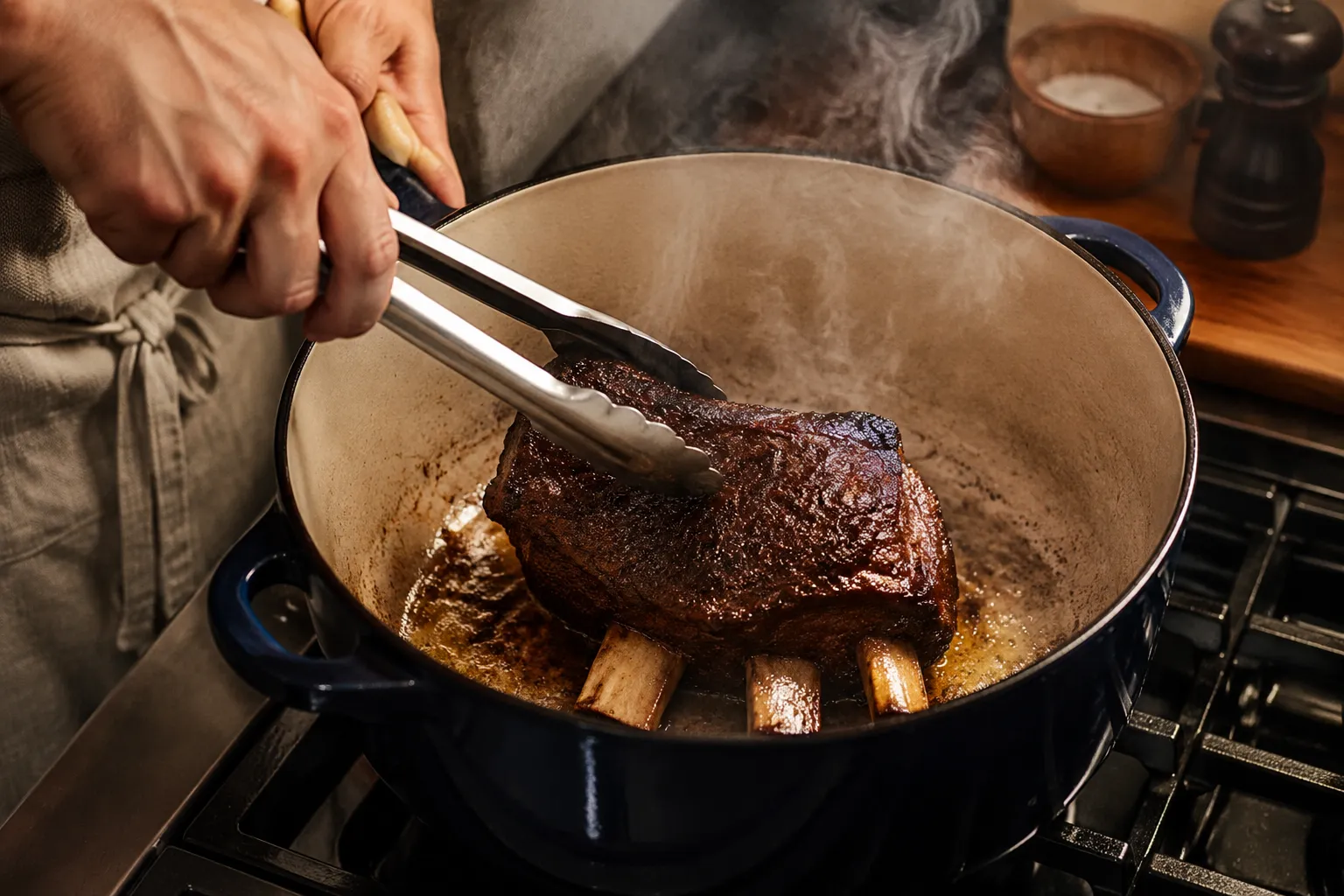Searing bone-in short ribs in a Dutch oven for braising
