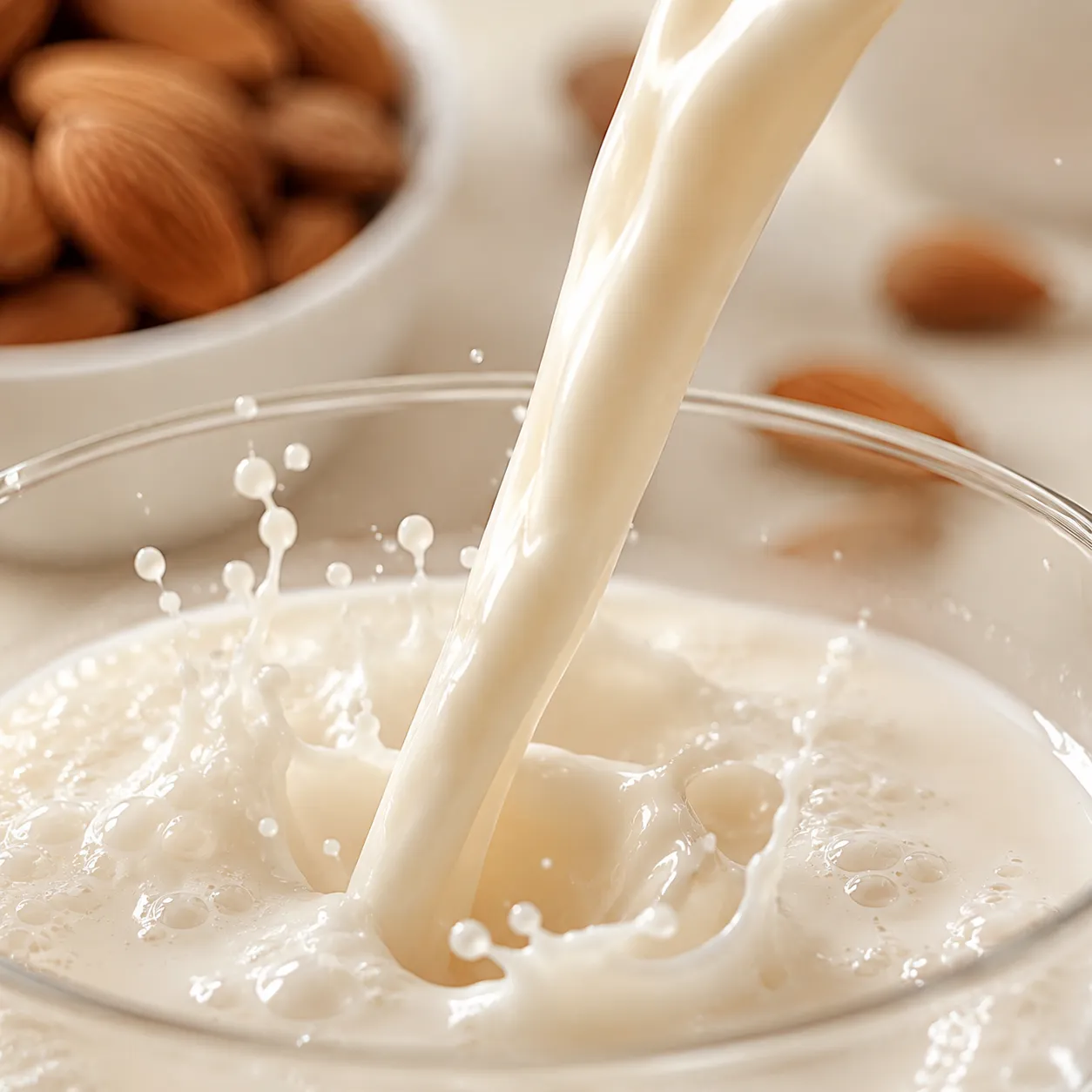 Close-up of creamy homemade almond milk pour showing silky texture