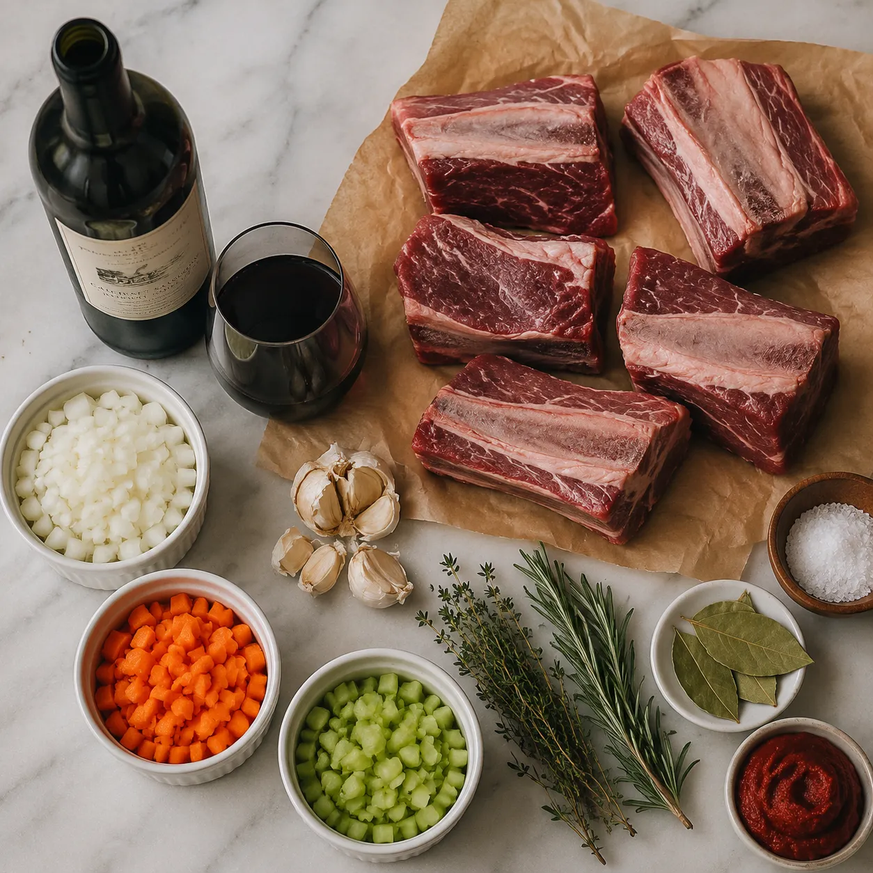 Ingredients flatlay for short ribs and red wine braise recipe