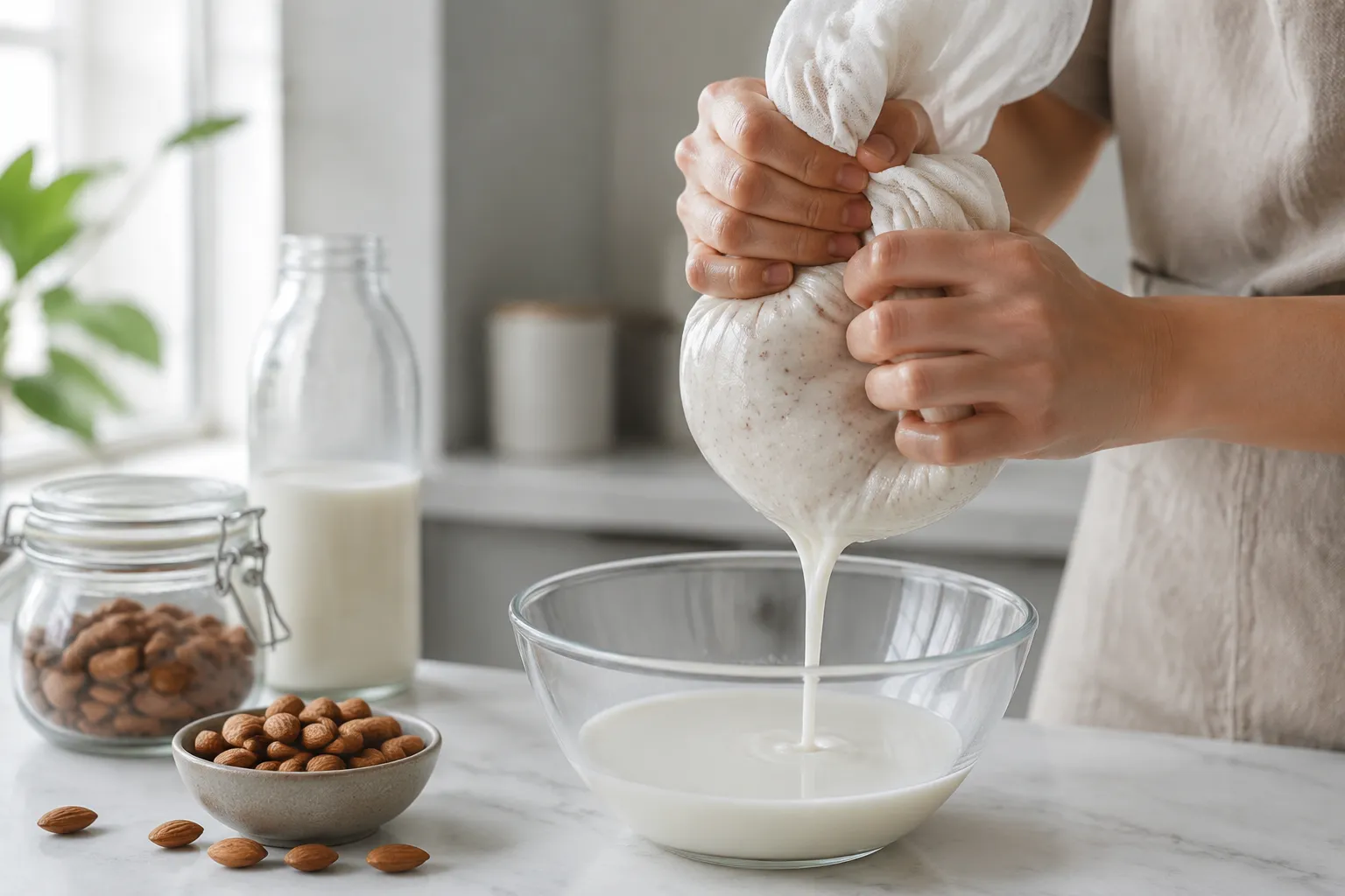 Straining homemade almond milk through a nut milk bag into a glass bowl