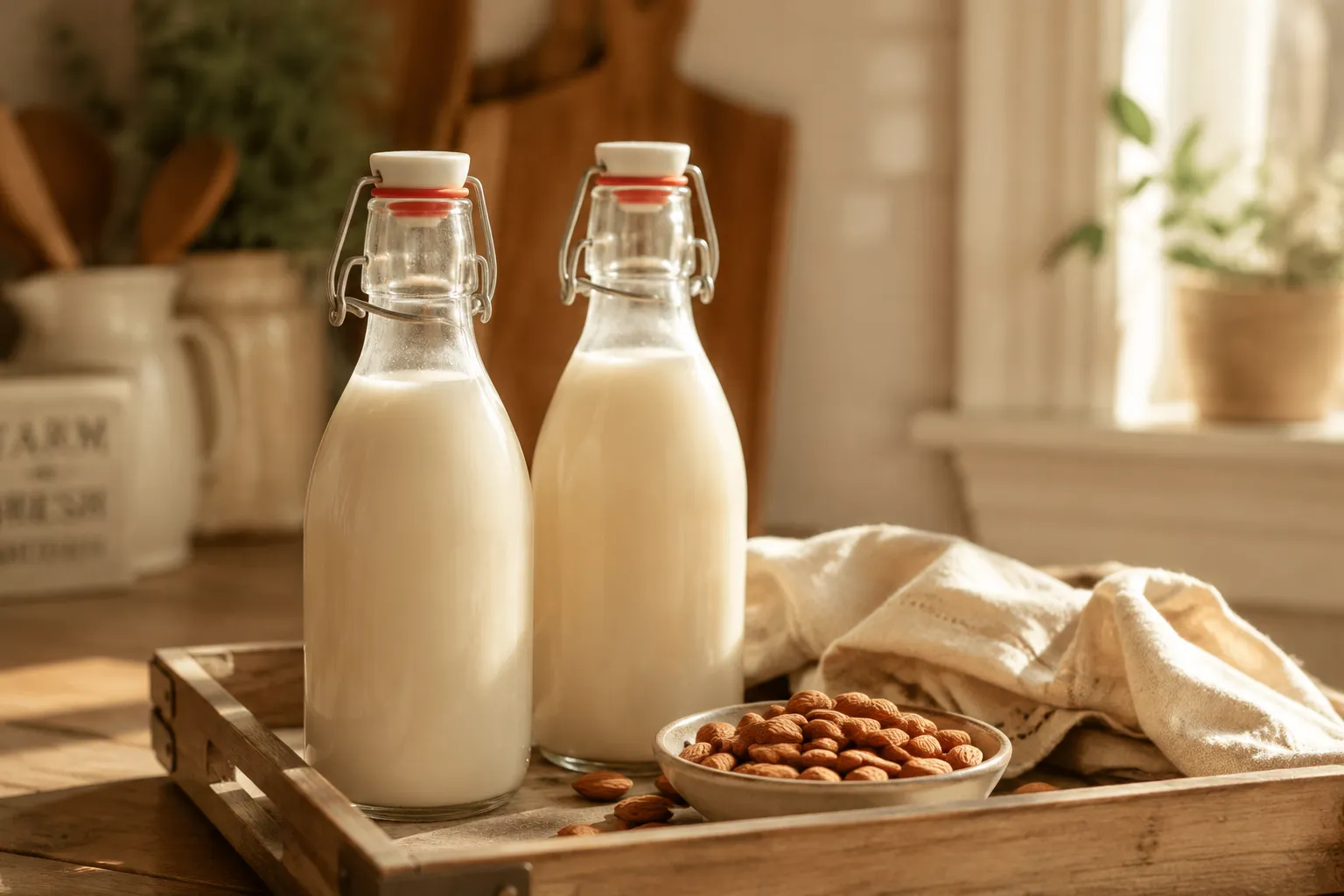 Two bottles of finished homemade almond milk styled on a wooden tray