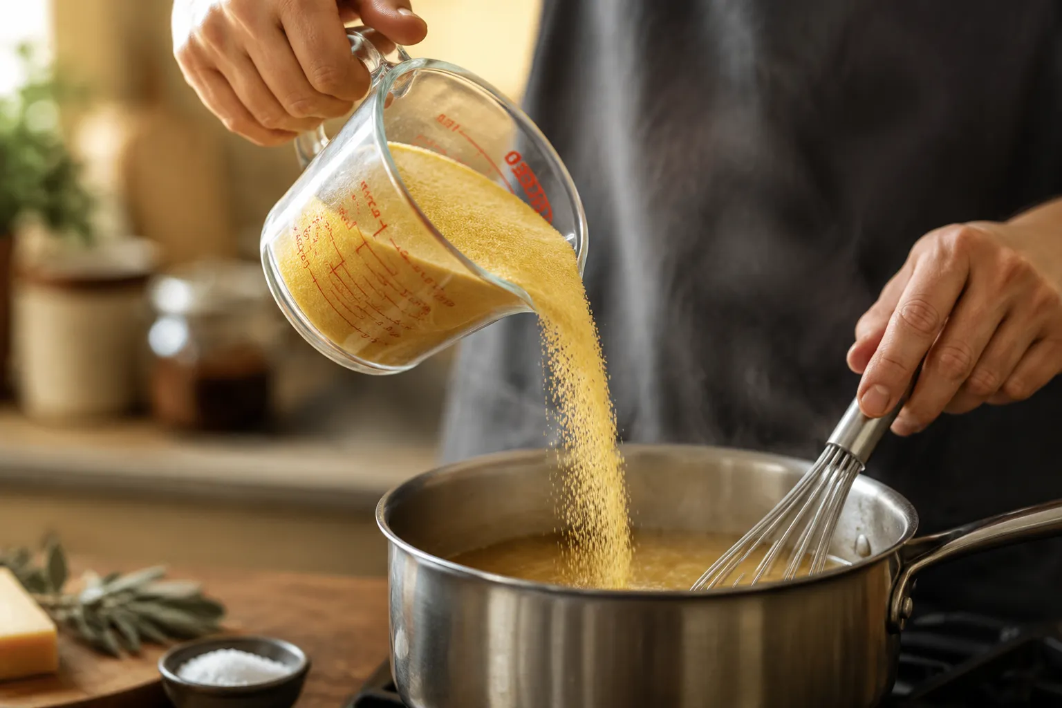 How to cook polenta by whisking cornmeal into simmering broth