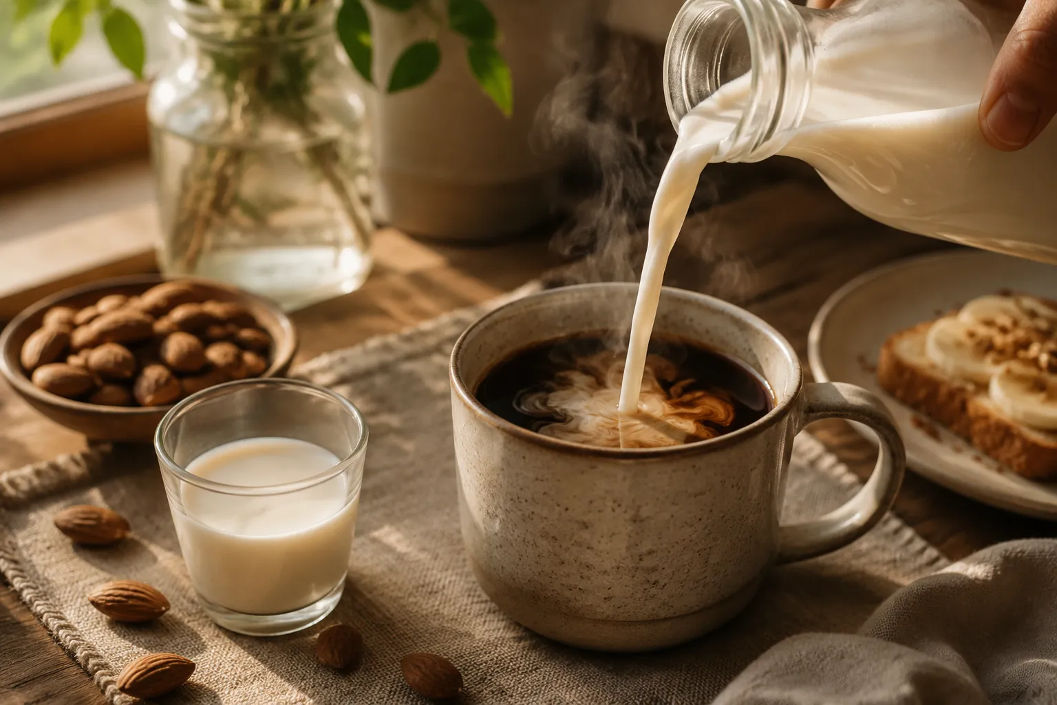 Homemade almond milk poured into coffee as a dairy-free creamer