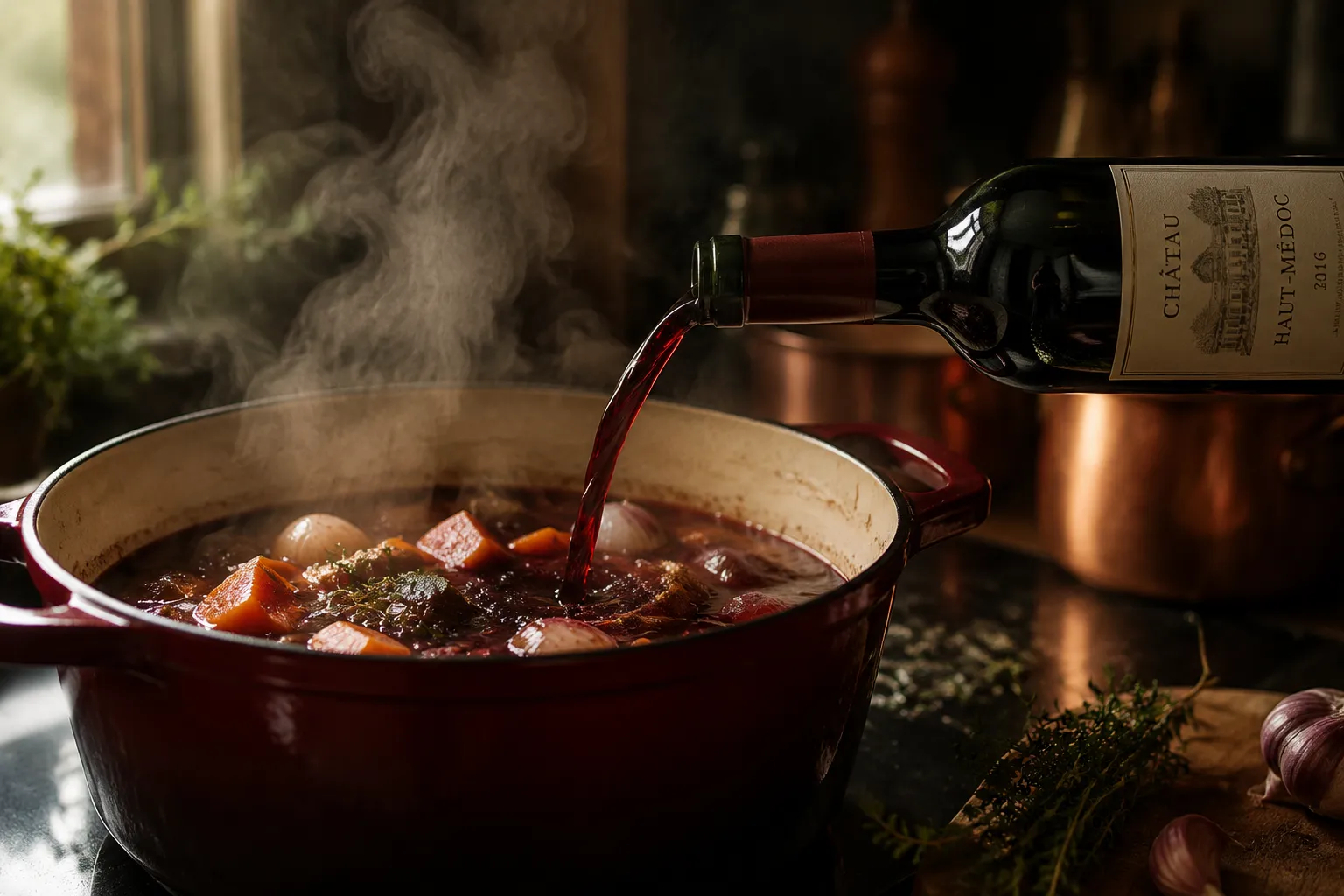 Pouring red wine into Dutch oven to braise short ribs