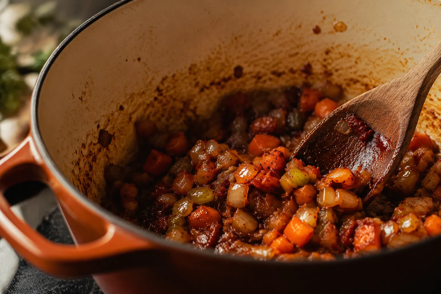 Mirepoix and tomato paste cooking in pan drippings for short ribs