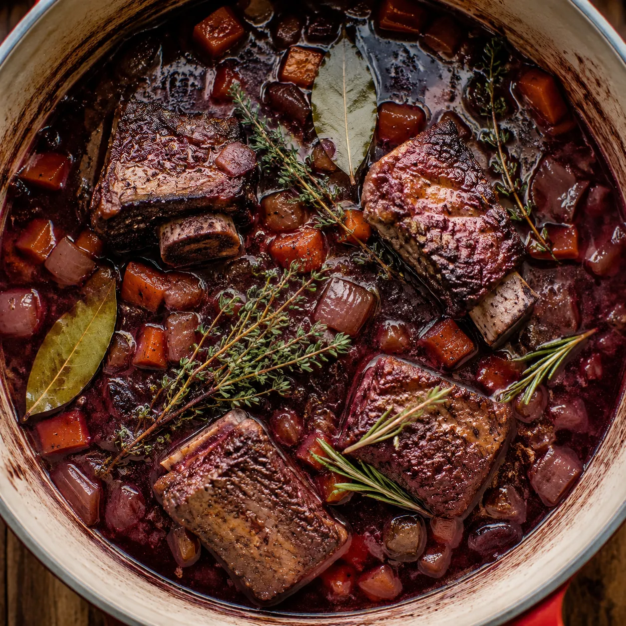 Short ribs braising in red wine and herbs in a Dutch oven