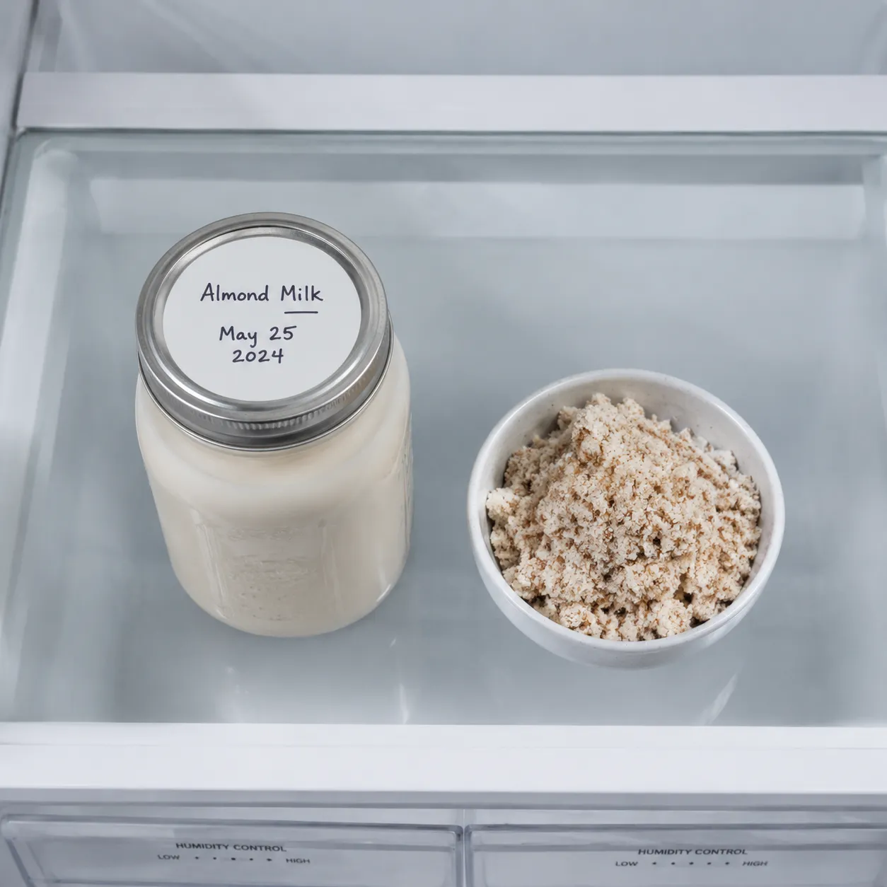 Storing homemade almond milk in a glass jar with leftover almond pulp
