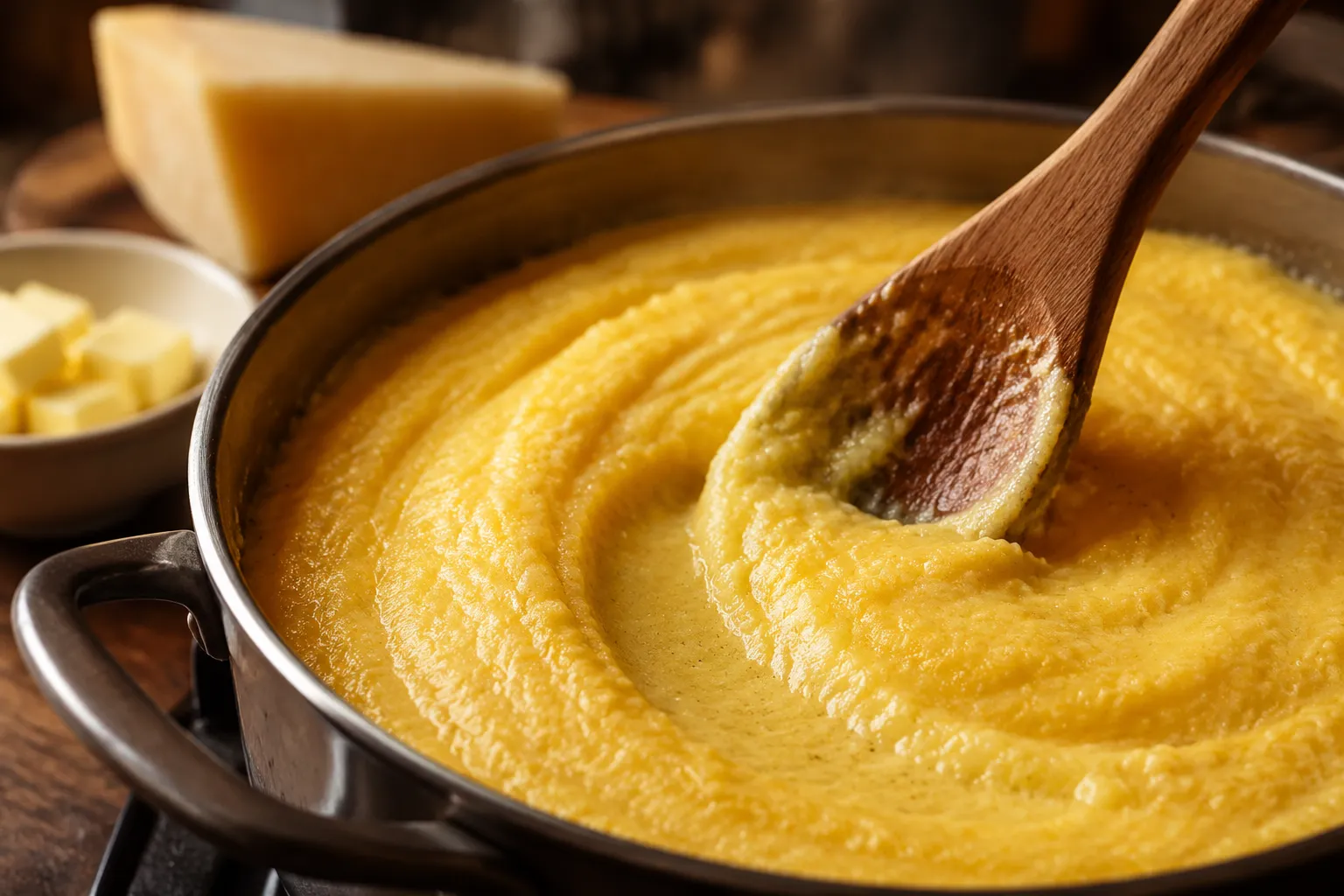 Stirring creamy polenta in a saucepan to test thickness