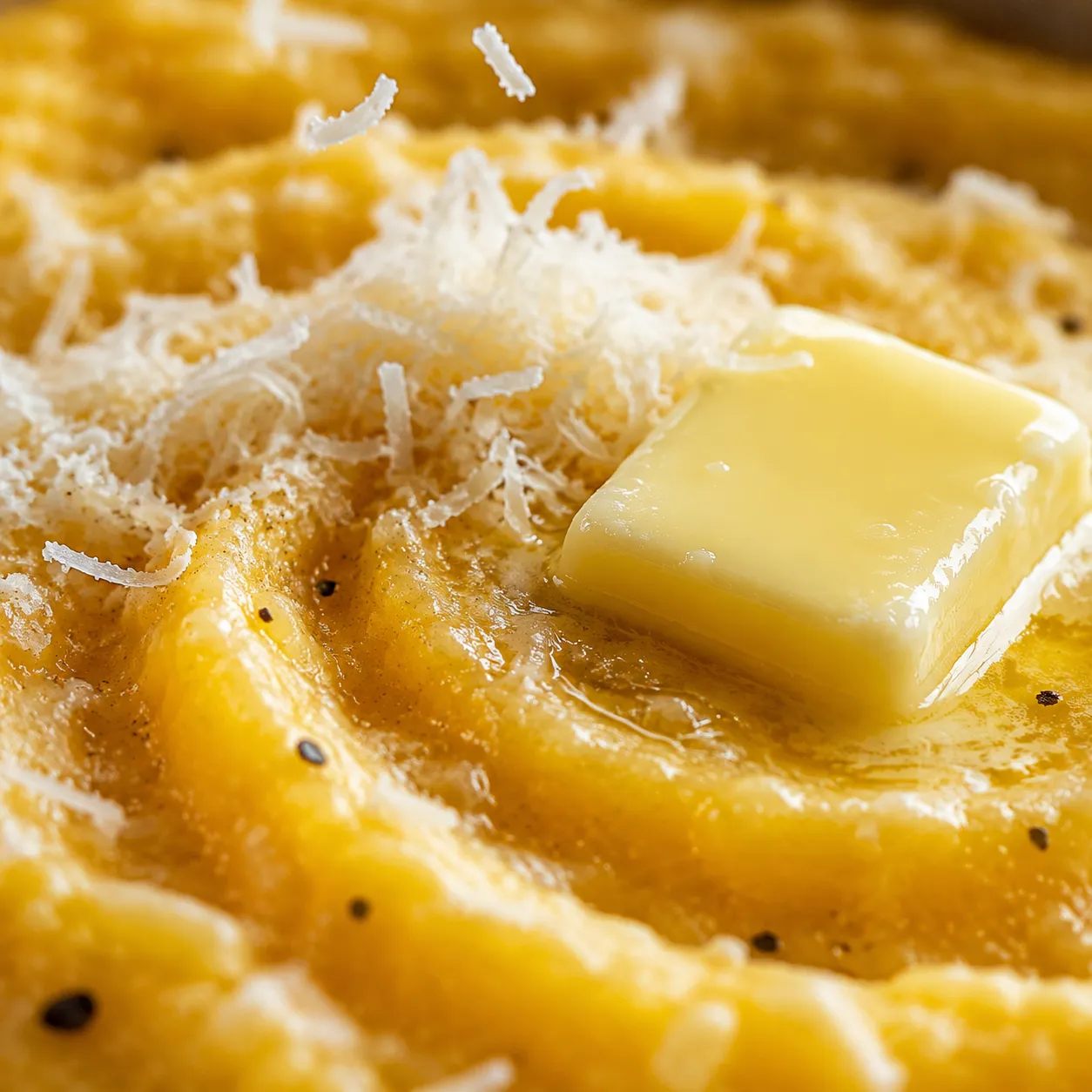 Butter and Parmesan melting into creamy polenta close up