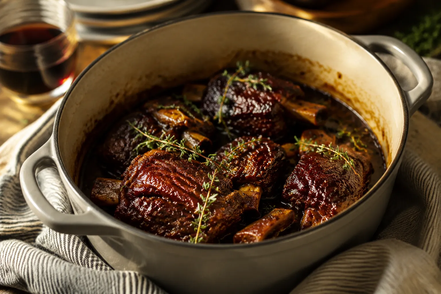Finished braised short ribs and red wine sauce in Dutch oven