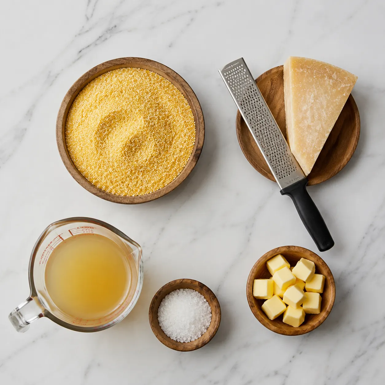Ingredients for how to make polenta arranged on marble: cornmeal, broth, butter, Parmesan, salt