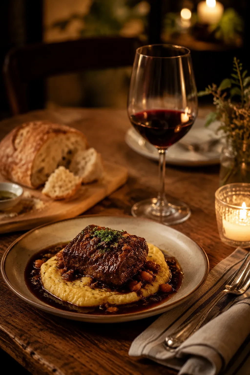 Plated short ribs and red wine dinner with bread and wine glass