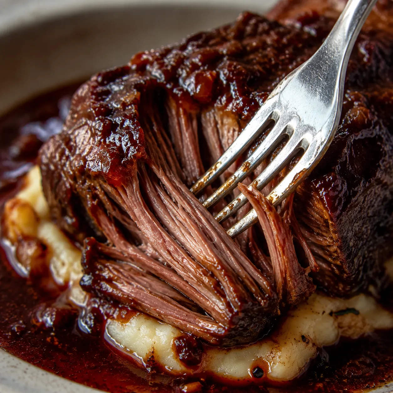 Close-up of fork pulling apart tender braised short rib