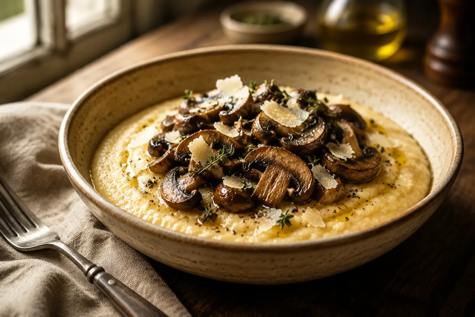 Creamy polenta recipe served with sauteed mushrooms and Parmesan