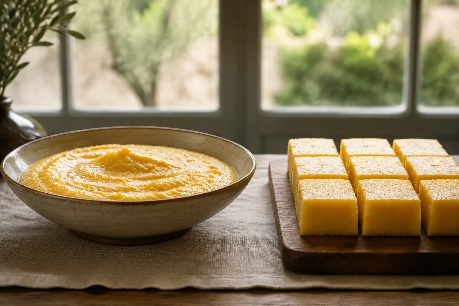 Creamy polenta versus firm sliced polenta showing texture difference