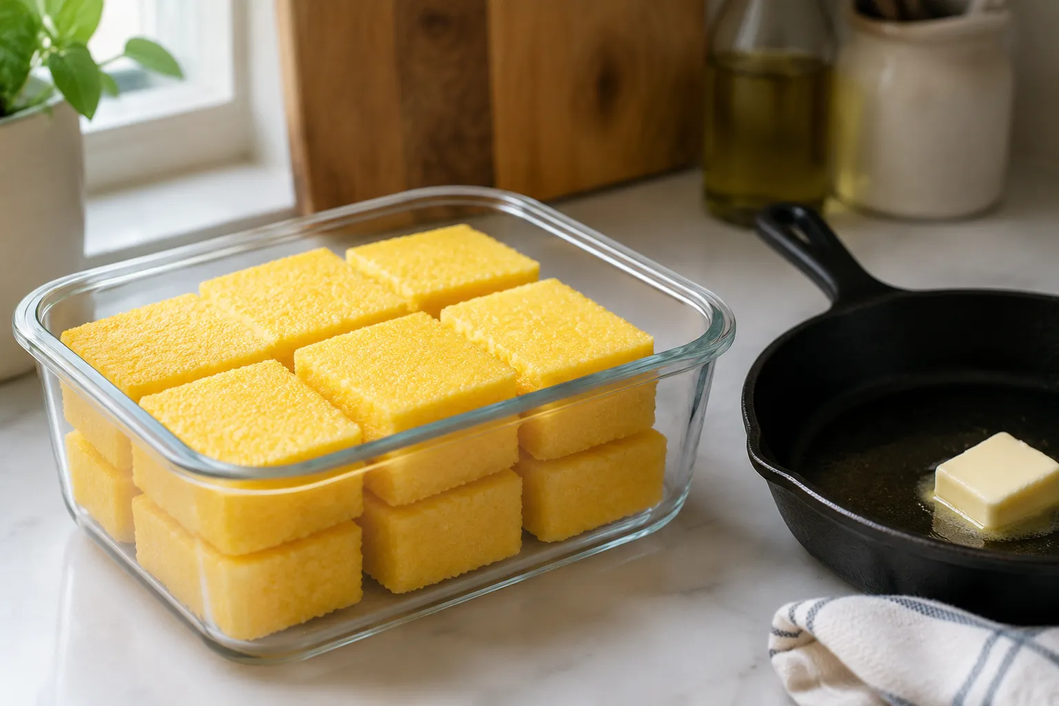 Storing leftover polenta cut into squares for pan-frying later