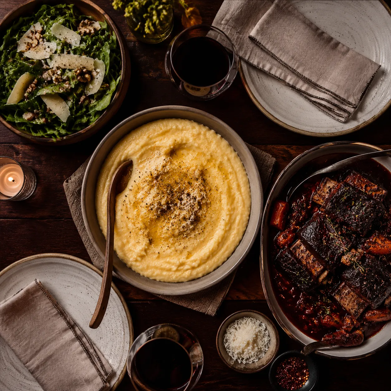 Polenta served with braised short ribs and red wine for dinner