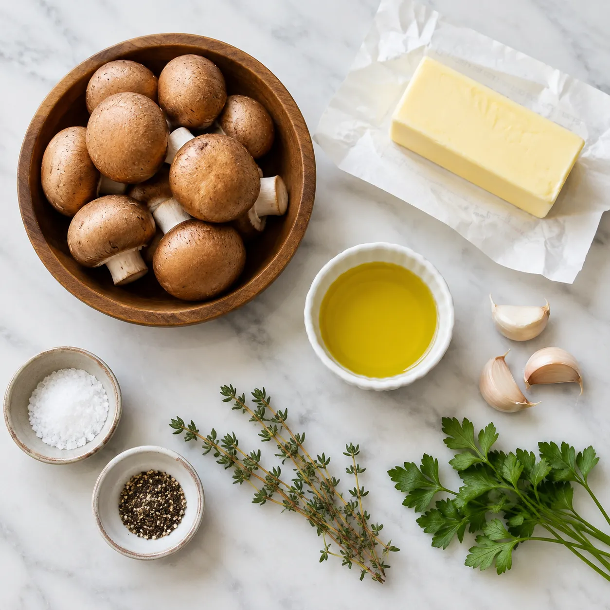 Sauteed mushrooms ingredients flatlay with cremini mushrooms, butter, garlic, and thyme