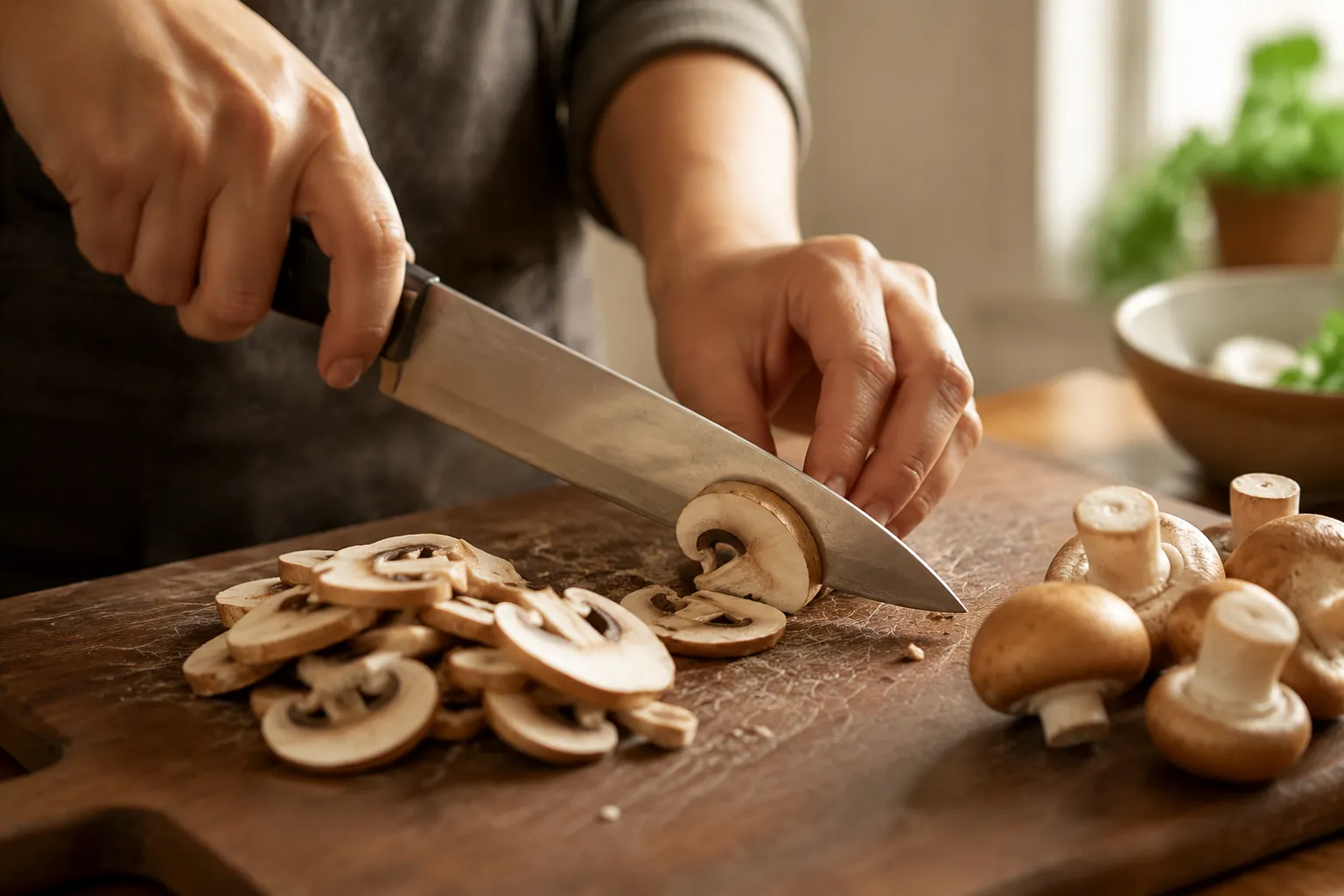 Slicing cremini mushrooms on a cutting board for sauteed mushrooms