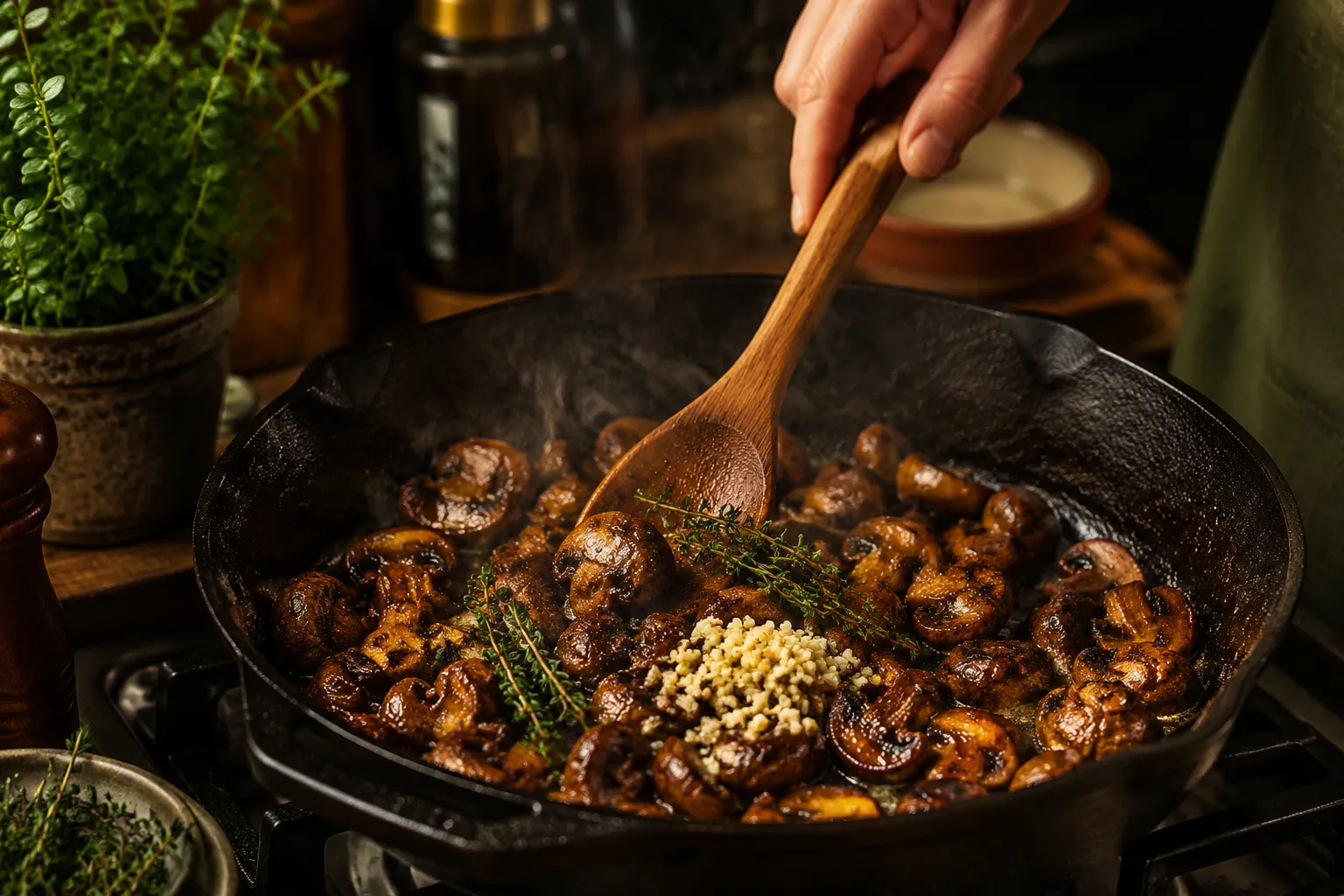 Stirring sauteed mushrooms with garlic and thyme in a skillet