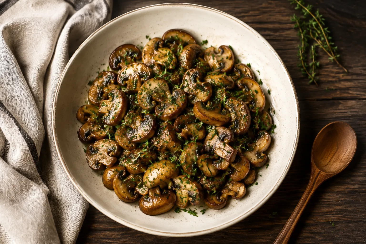 Finished sauteed mushrooms in a ceramic bowl garnished with parsley