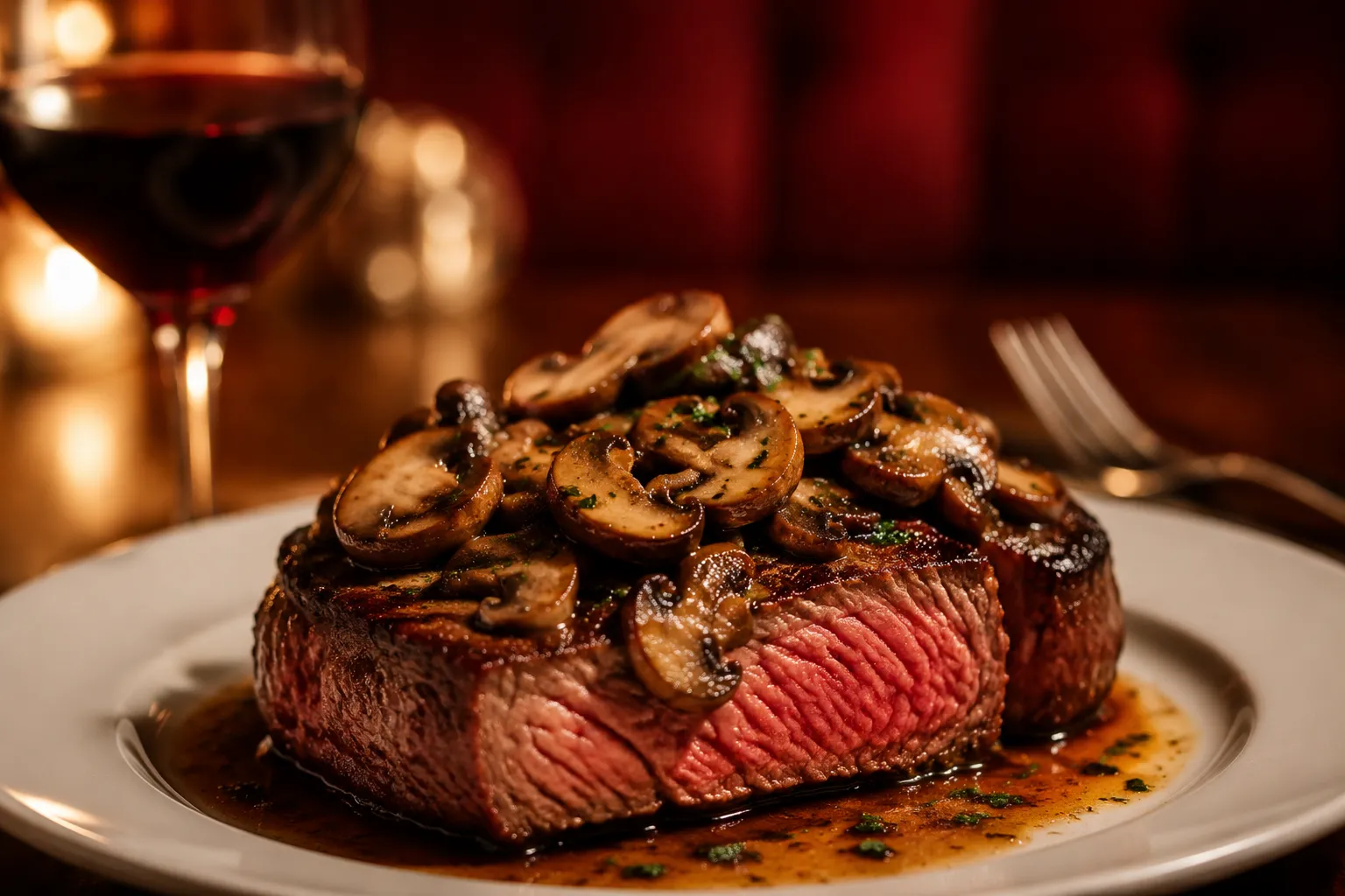 Sauteed mushrooms served over sliced steak on a dinner plate