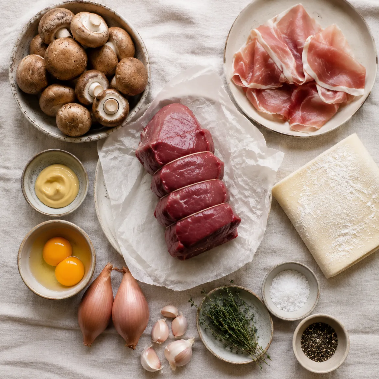 Beef wellington recipe ingredients flatlay with tenderloin, mushrooms, prosciutto, and puff pastry