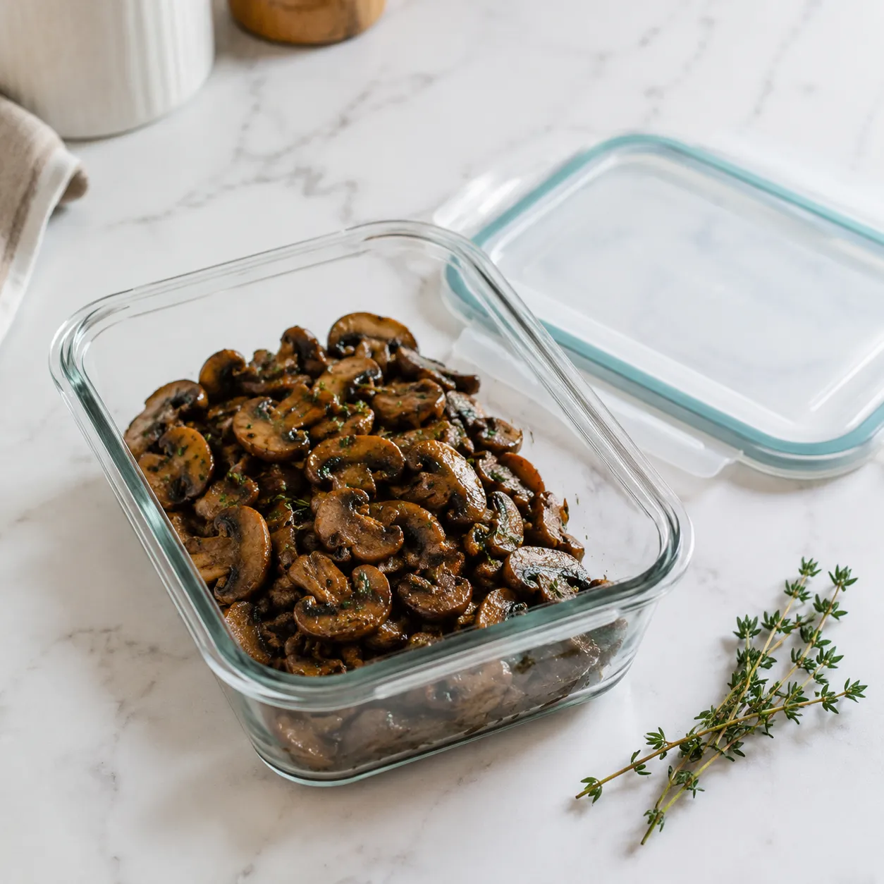 Storing leftover sauteed mushrooms in a glass meal prep container
