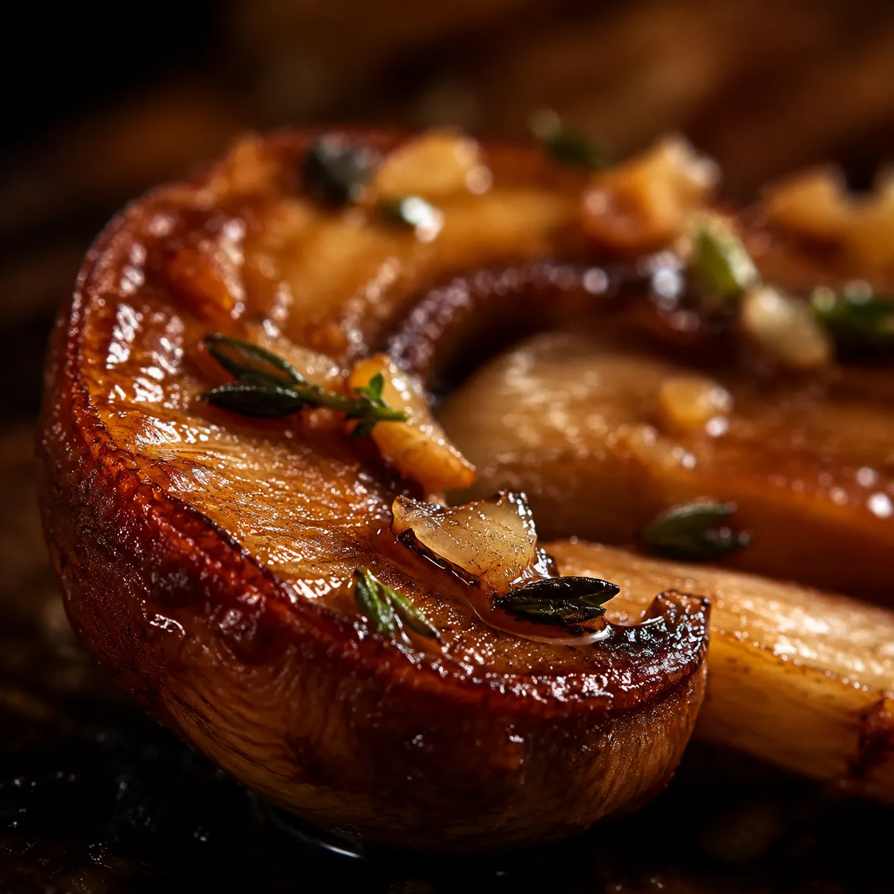 Macro close-up of a caramelized sauteed mushroom slice with butter and garlic