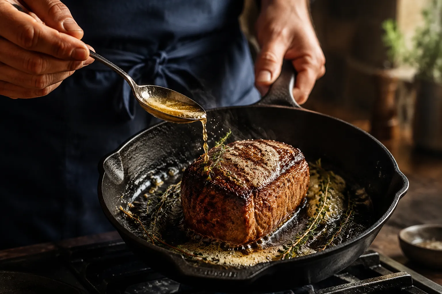 Searing beef tenderloin in cast iron skillet for beef wellington recipe
