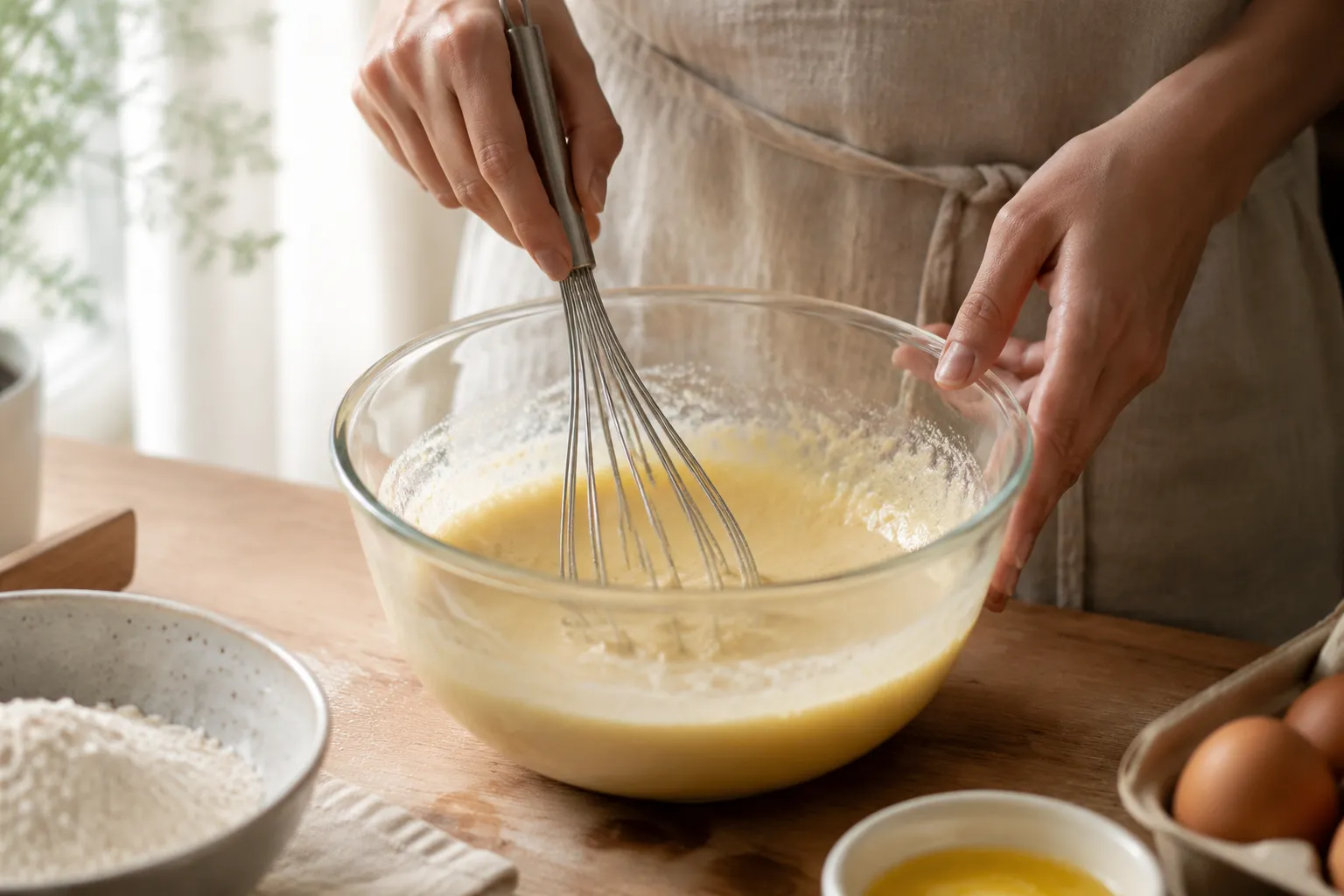 Whisking wet ingredients for Mexican cornbread batter in a glass bowl