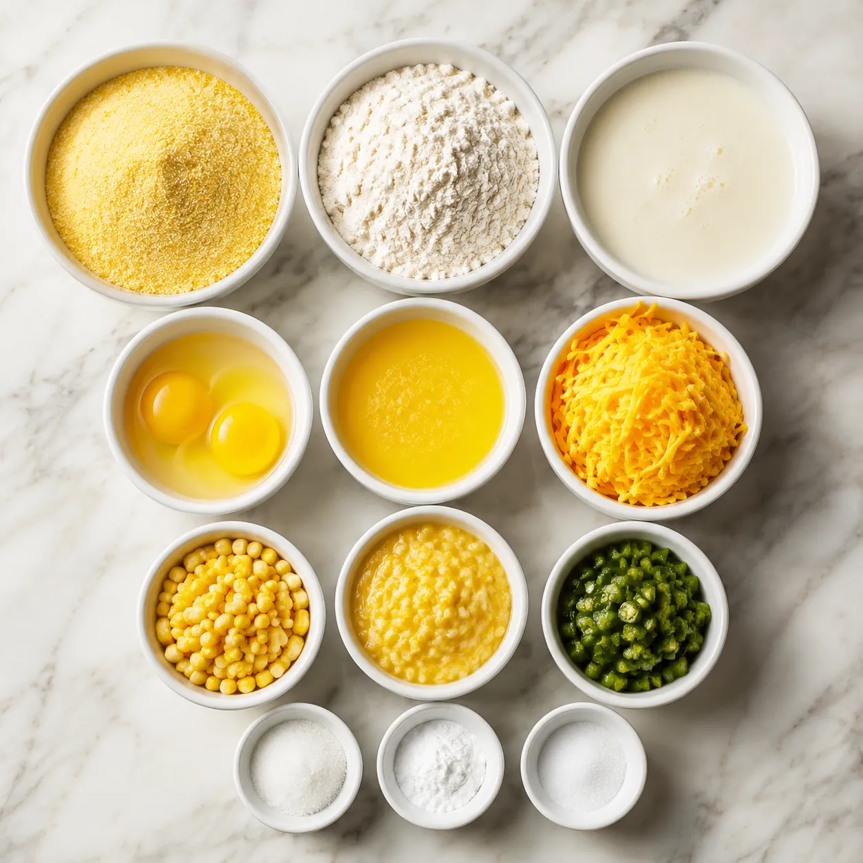Mexican cornbread ingredients flatlay including cornmeal cheddar jalapeños and corn