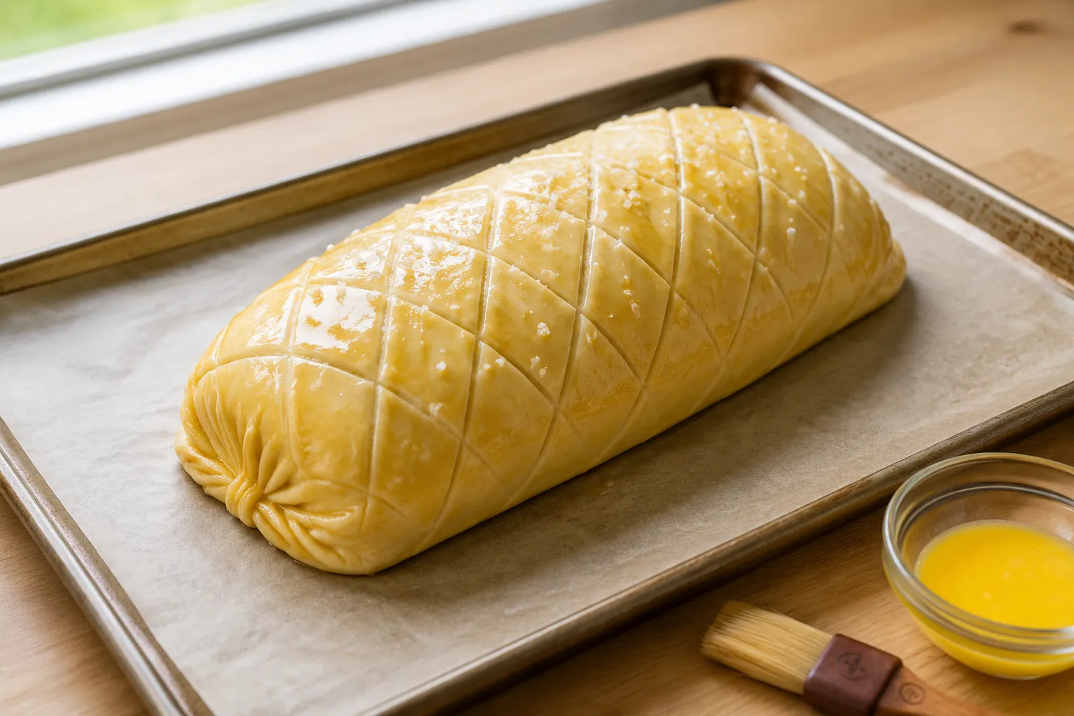 Assembled beef wellington recipe scored and egg-washed before baking