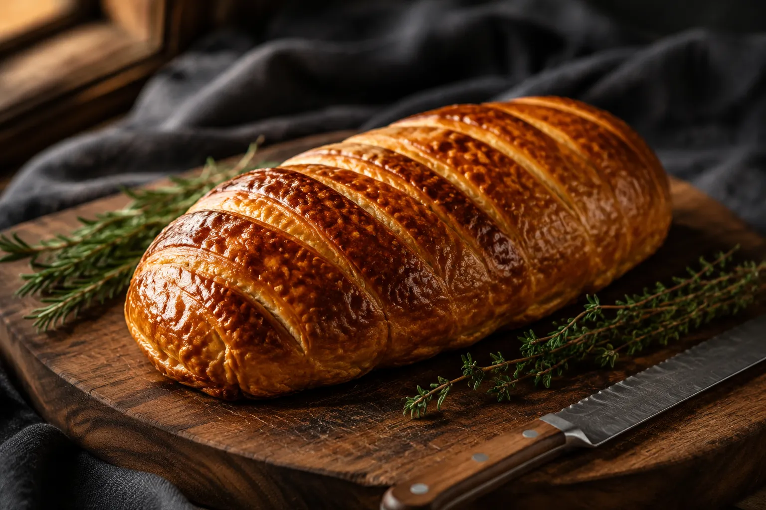 Whole baked beef wellington recipe with golden puff pastry crust