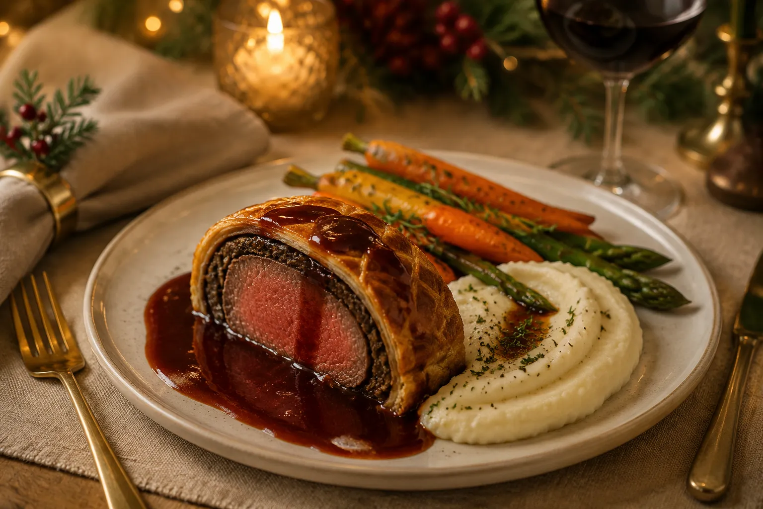 Beef wellington recipe served with red wine sauce and mashed potatoes